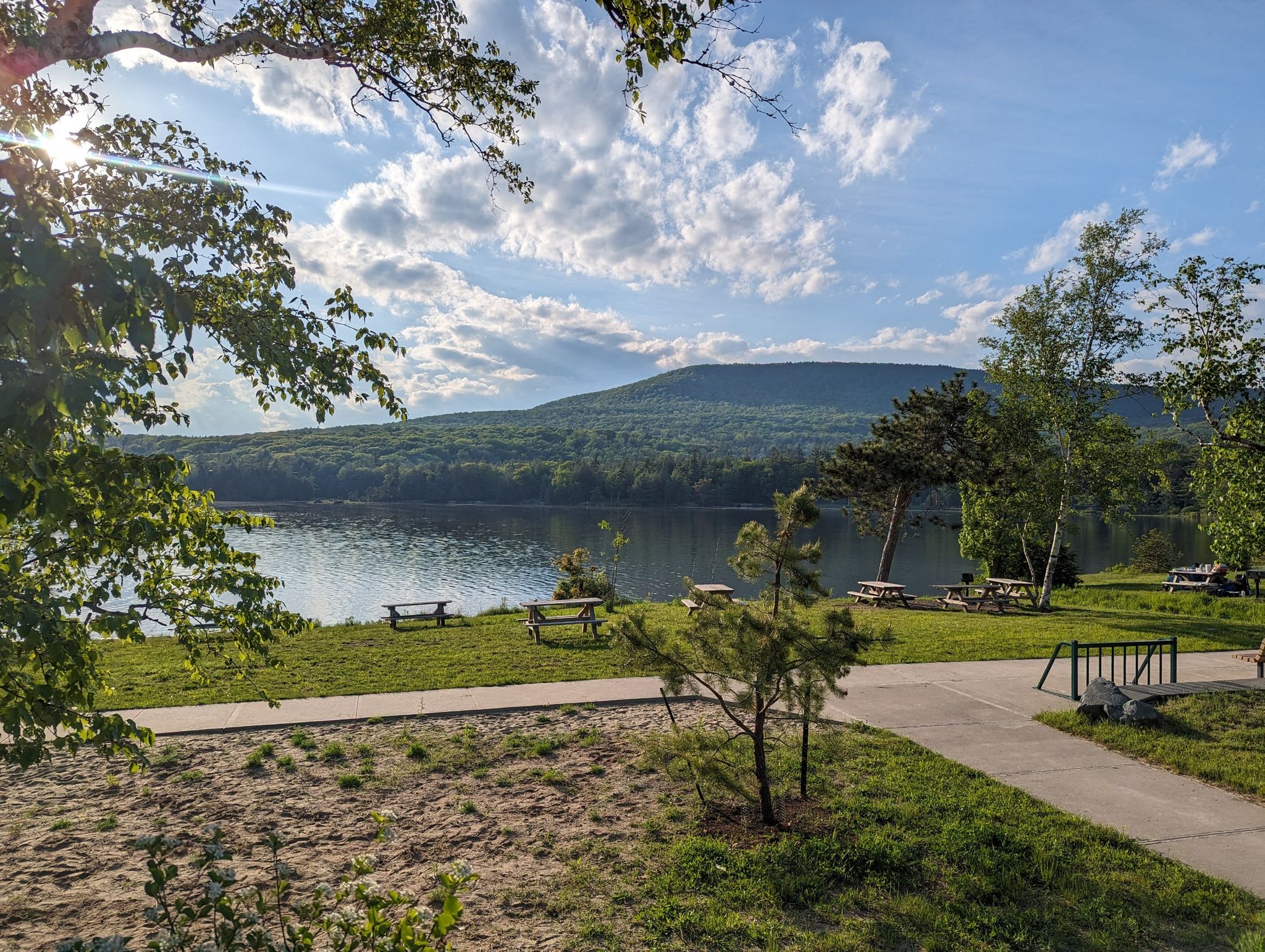 Sunny lake view with picnic tables, sandy area, and forested mountain. - Escarpment Trail loop from North Lake