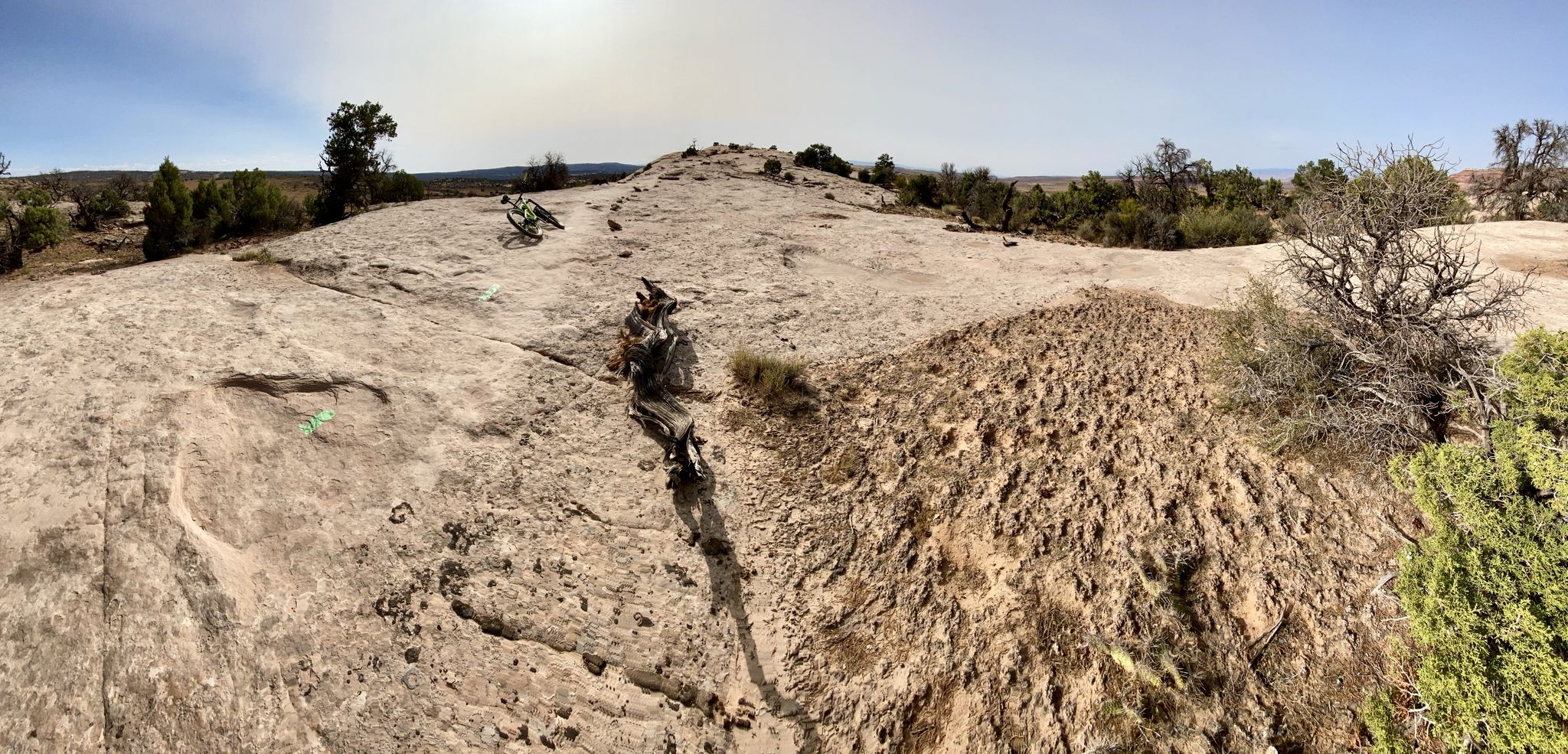 Panoramic view of a rocky desert landscape with sparse vegetation under a bright sky. - Big Mesa Trail, Big Lonely Trail & Coney Islands loop — Navajo Rocks