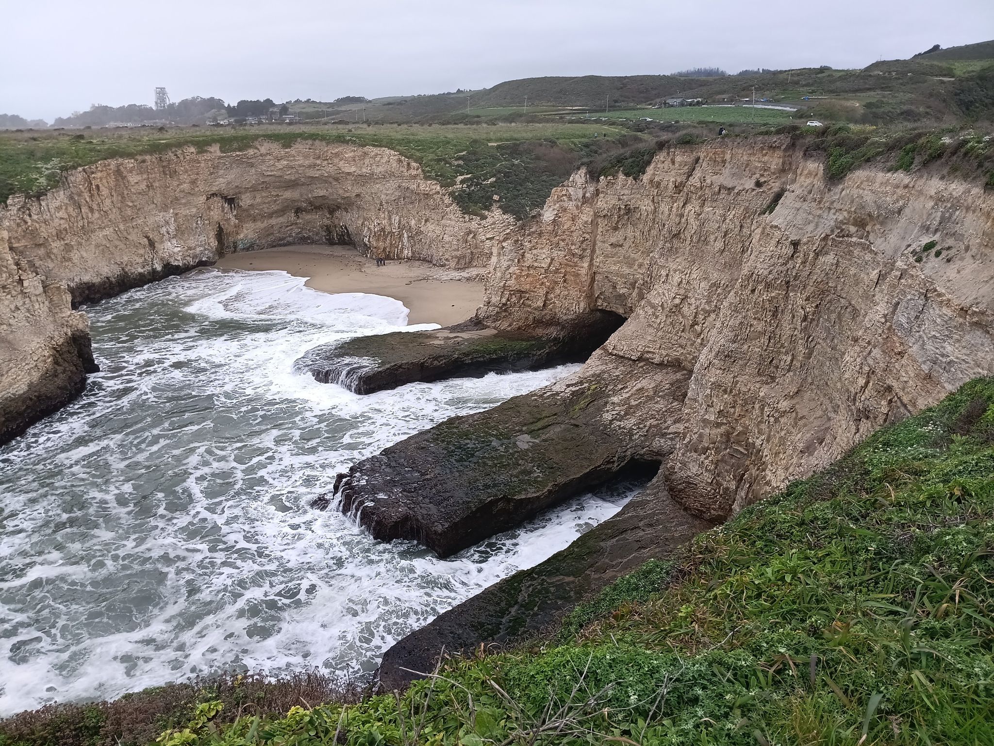 Overcast view of turbulent ocean water entering a cove with cliffs. - Shark Fin Cove Beach – Williams' Landing loop from Davenport