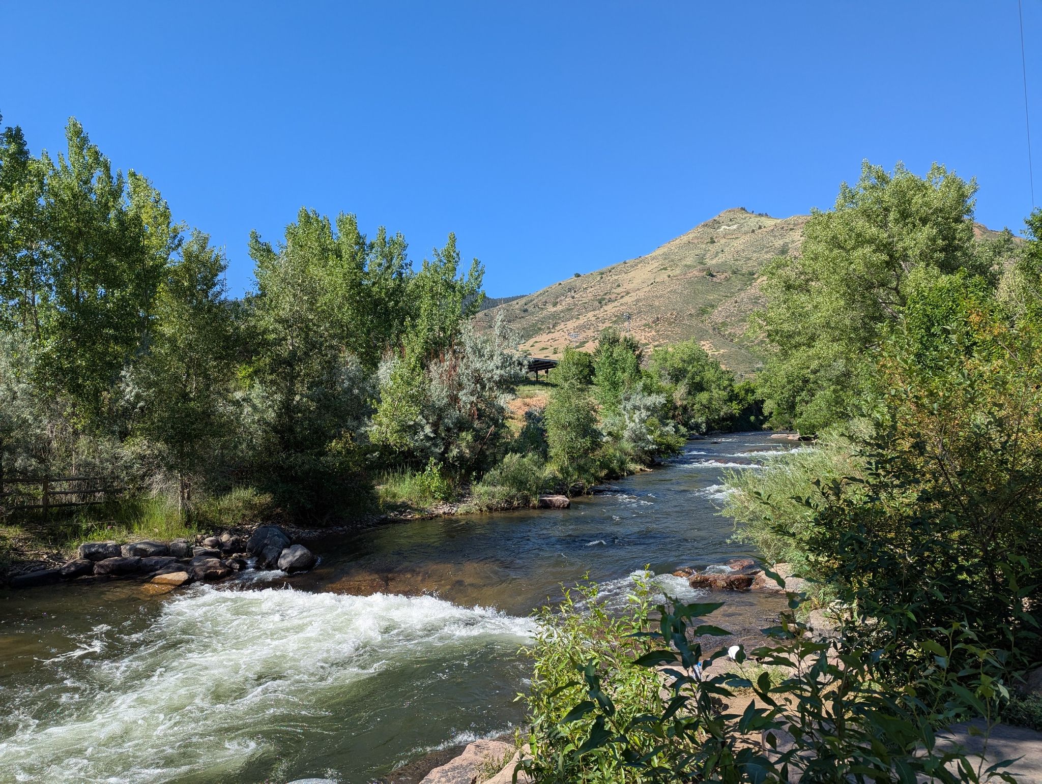 Rushing river with green trees and a sunny mountain under a clear blue sky. - Clear Creek Trail – Clear Creek Trail loop from Golden