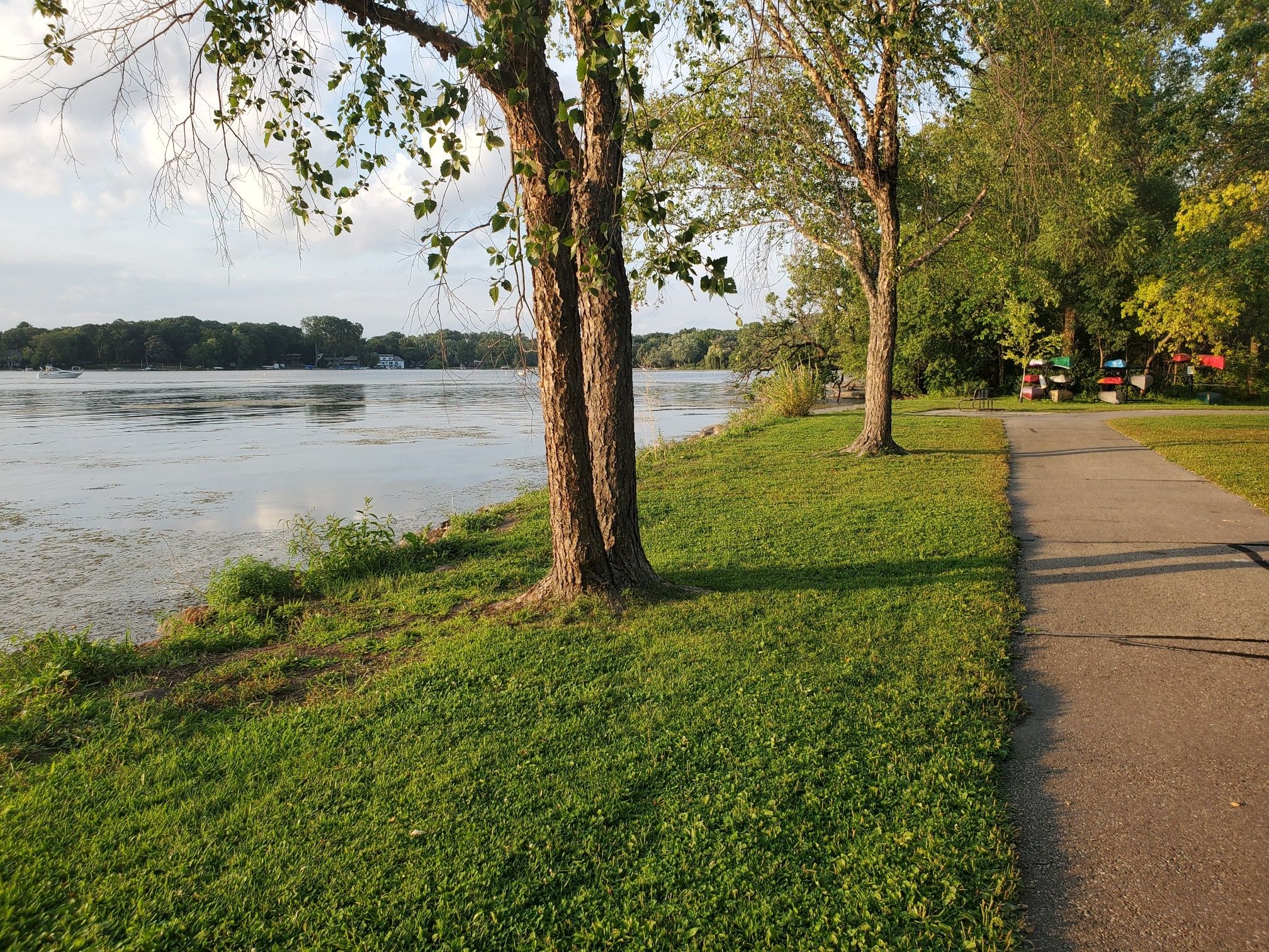 Paved path beside a calm lake with green grass and sunlit trees. - San Damiano Park – Paunack Park on Lake Monona loop from Monona