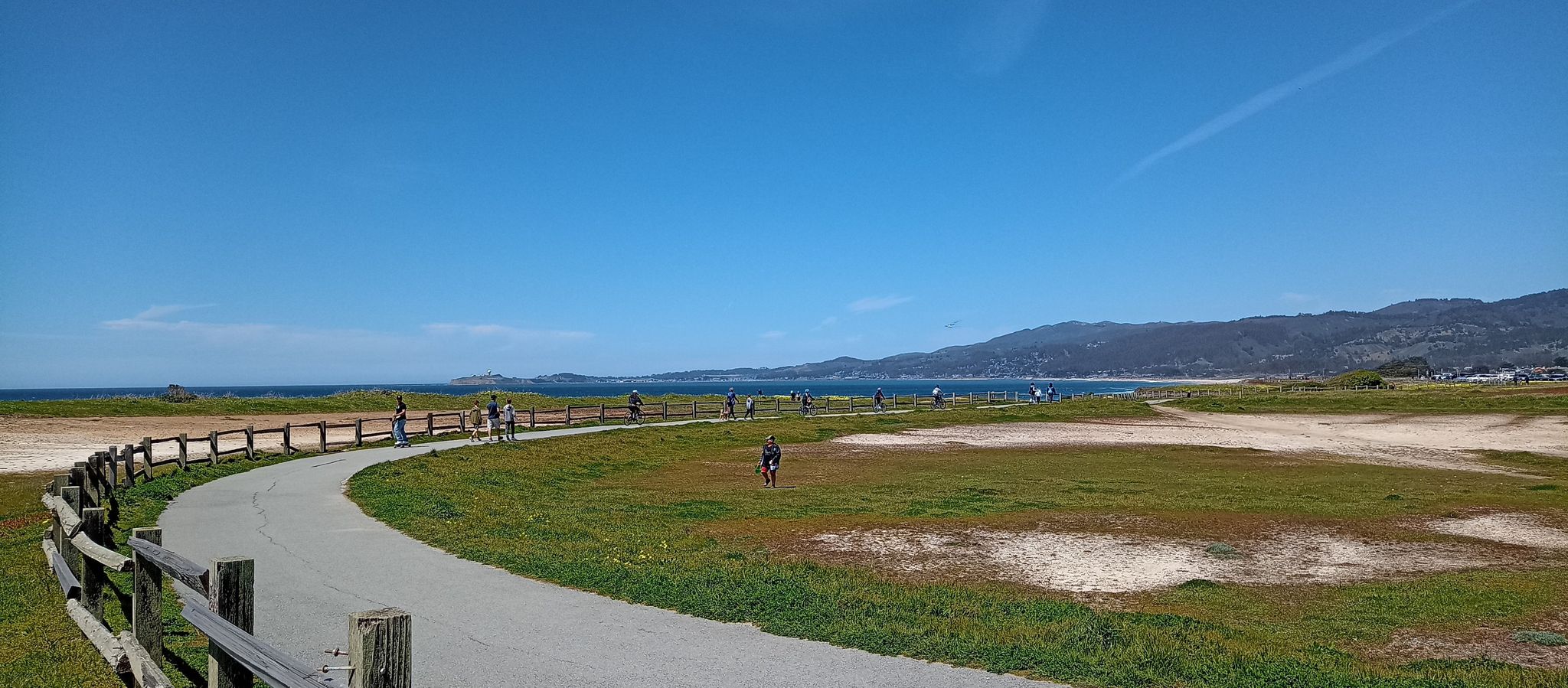 Sunny coastal path with people walking and cycling, ocean and mountains. - Cowell-Purisima Coastal Trail loop from Half Moon Bay