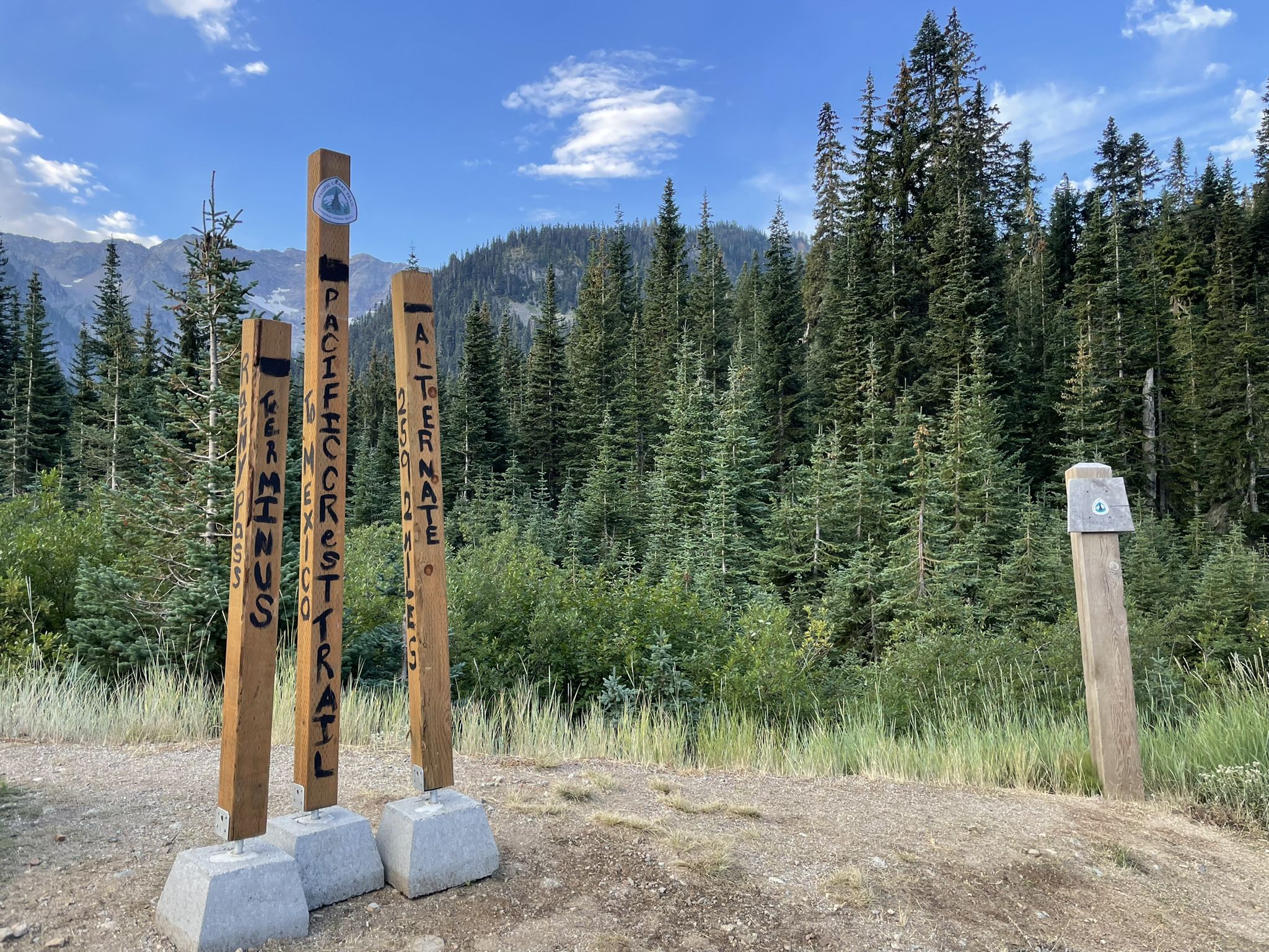 Three tall wooden trail markers stand on a dirt path near a forest. - Washington Pass – Rainy Pass loop from Ross Dam Powerhouse