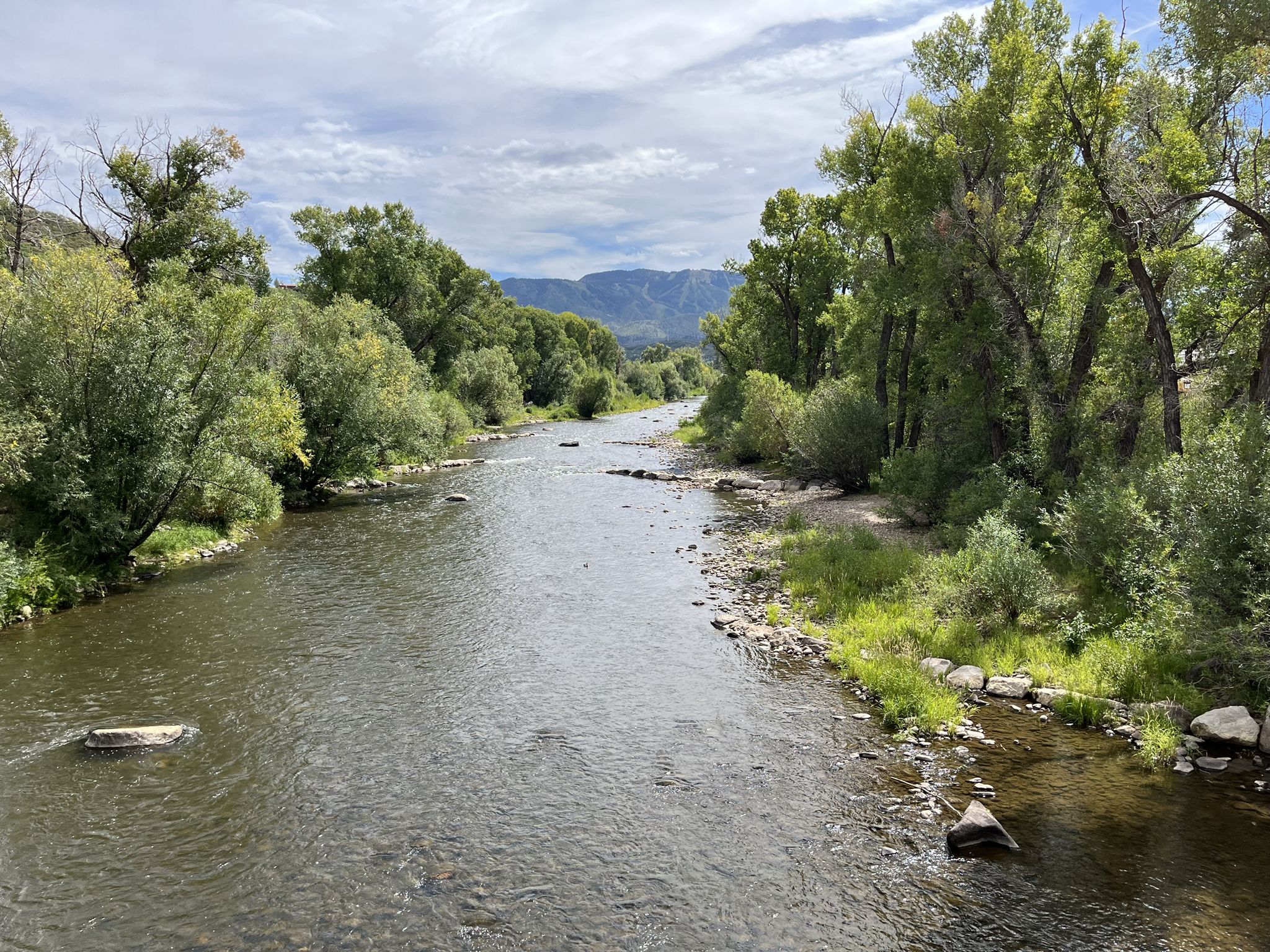 River flows through a lush green valley with distant mountains under cloudy sky. - Elk Mountain loop