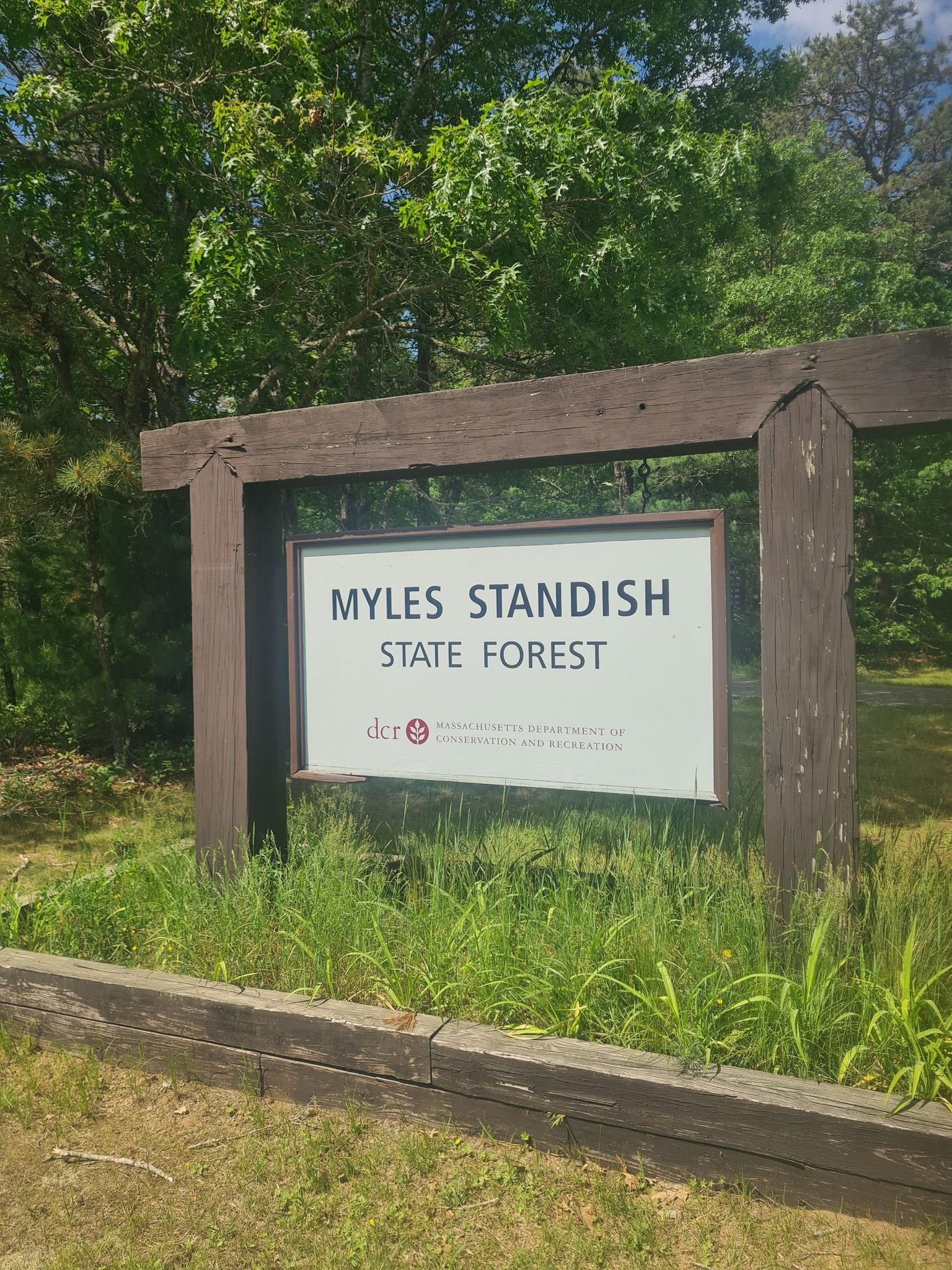 A large wooden sign with text, surrounded by green trees and grass. - Friends Trail Loop