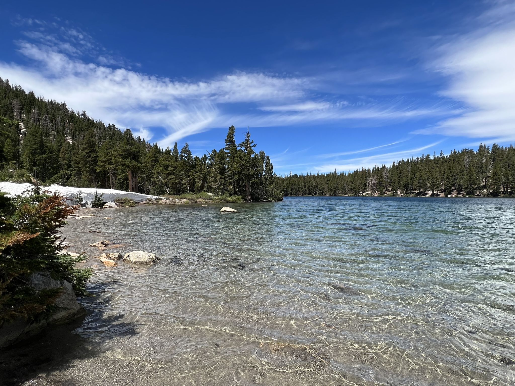 Clear lake with rocky shore, snow patches, and pine forest under blue sky. - McCleod Lake Trail