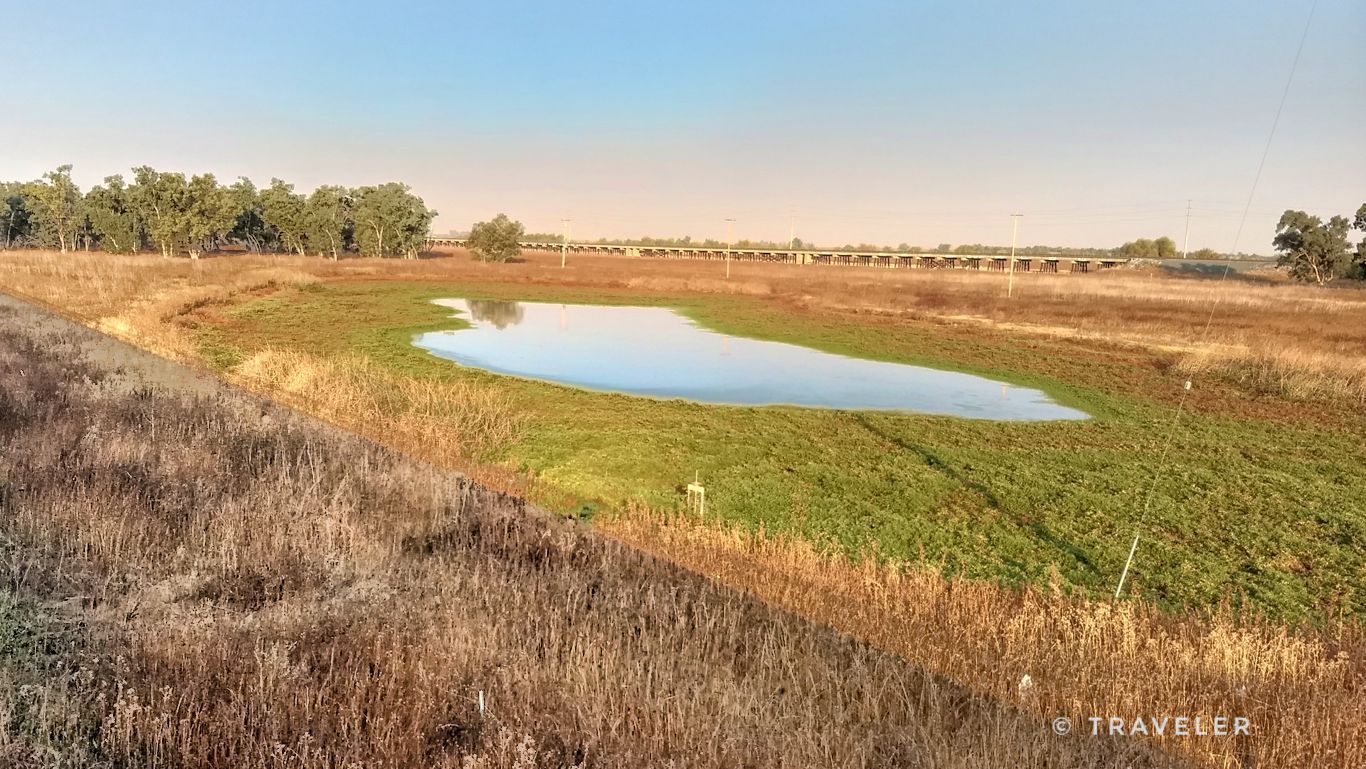 A small, calm pond surrounded by golden and green fields under a clear sky. - Davis Loop