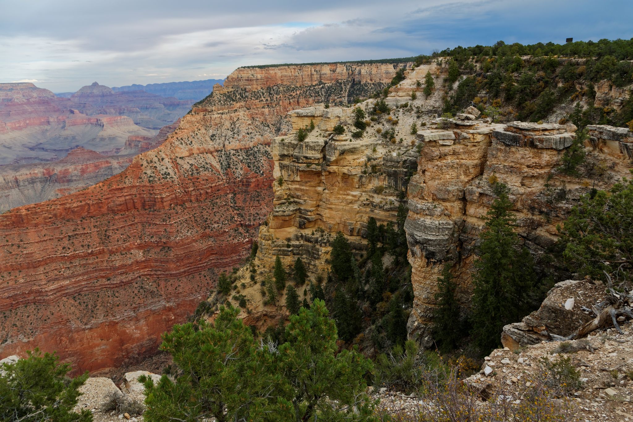 Vast canyon landscape with layered rock formations under a cloudy sky. - Rim Trail