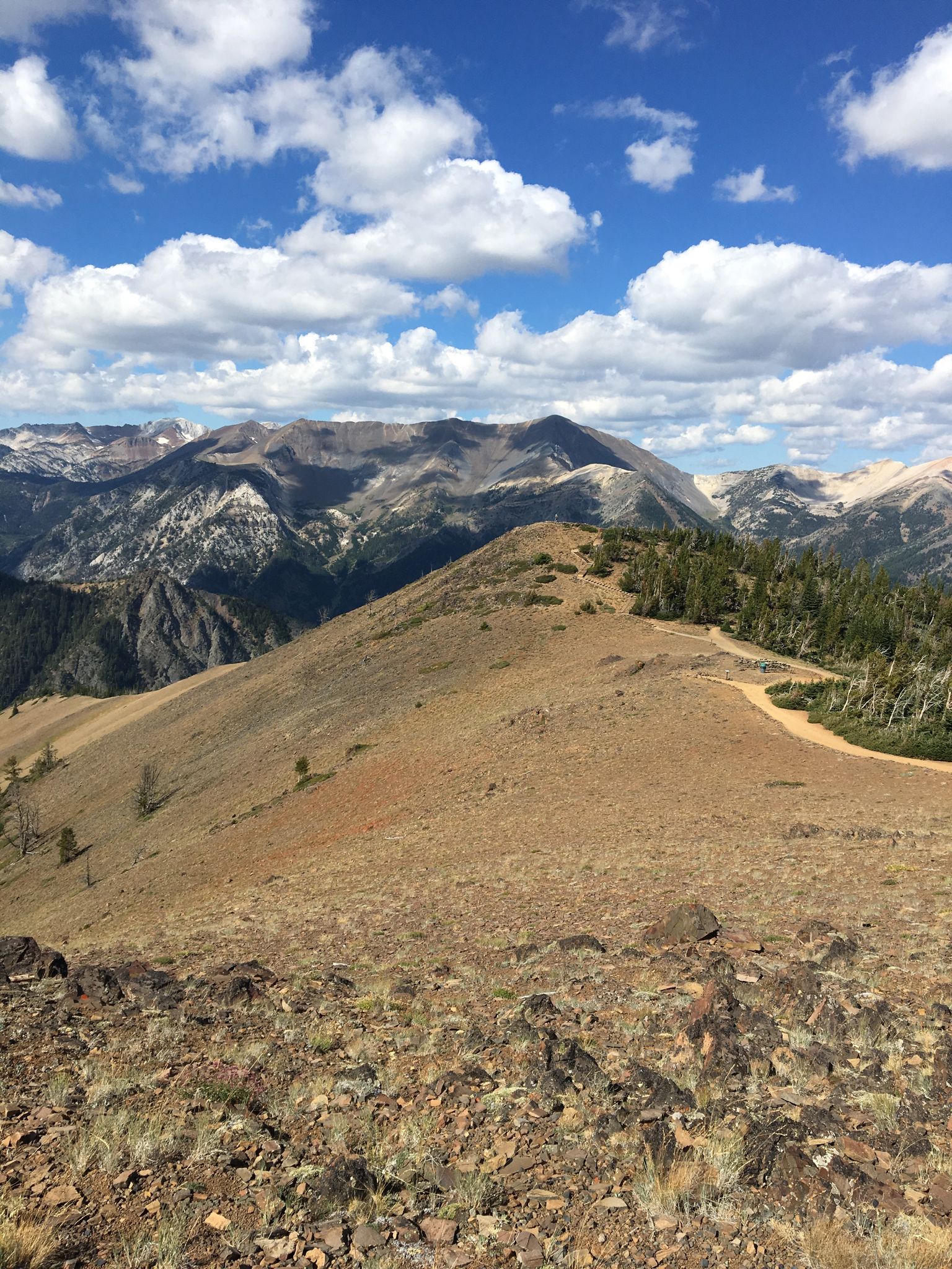 Sunny mountain ridge with a dirt path, distant peaks, and white clouds. - Mt. Howard Summit Loop