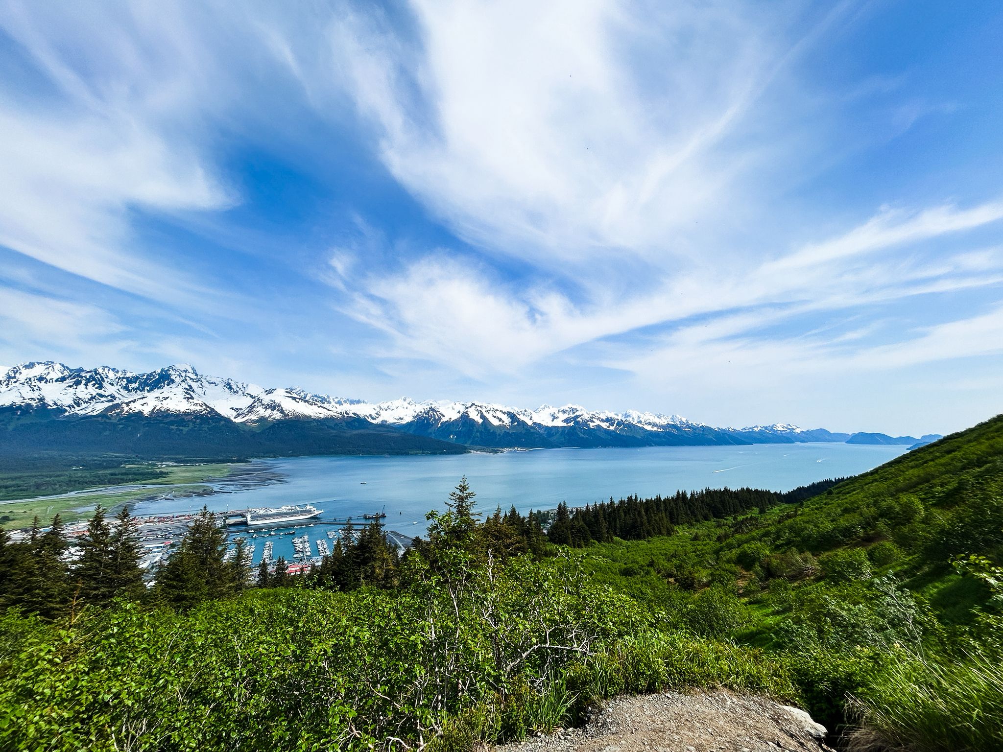 Panoramic view of a bay, snowy mountains, and green hills under a bright sky. - Mount Marathon and Skyline Trail Loop