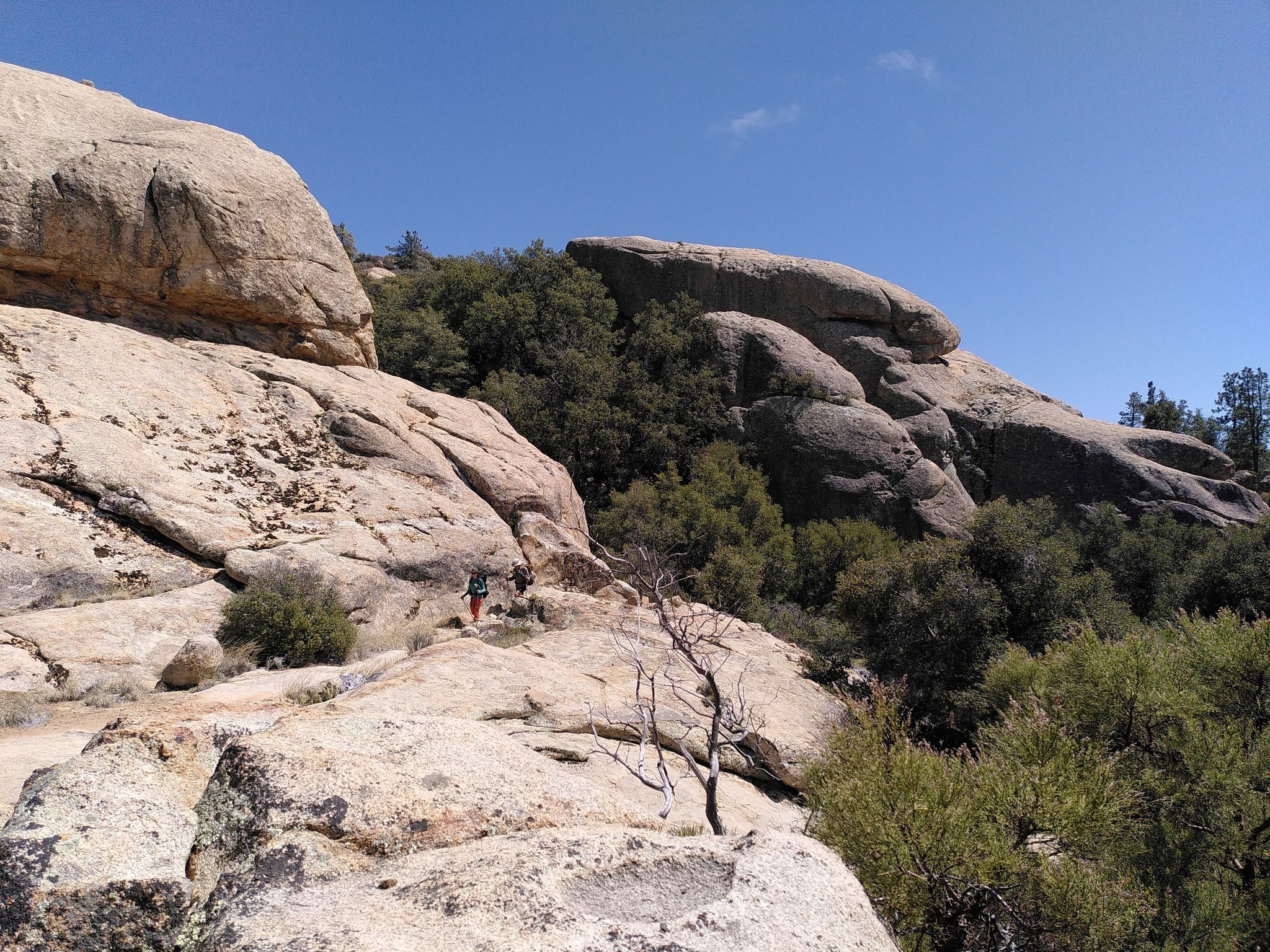 Two hikers navigate a rocky landscape with massive boulders and green trees. - Live Oak Spring via Pacific Crest Trail