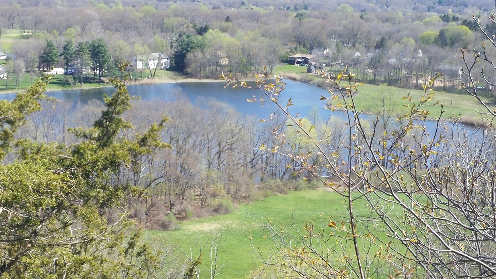 Overlook of a lake surrounded by trees and distant houses on a sunny day. - West Rock Perimeter Loop