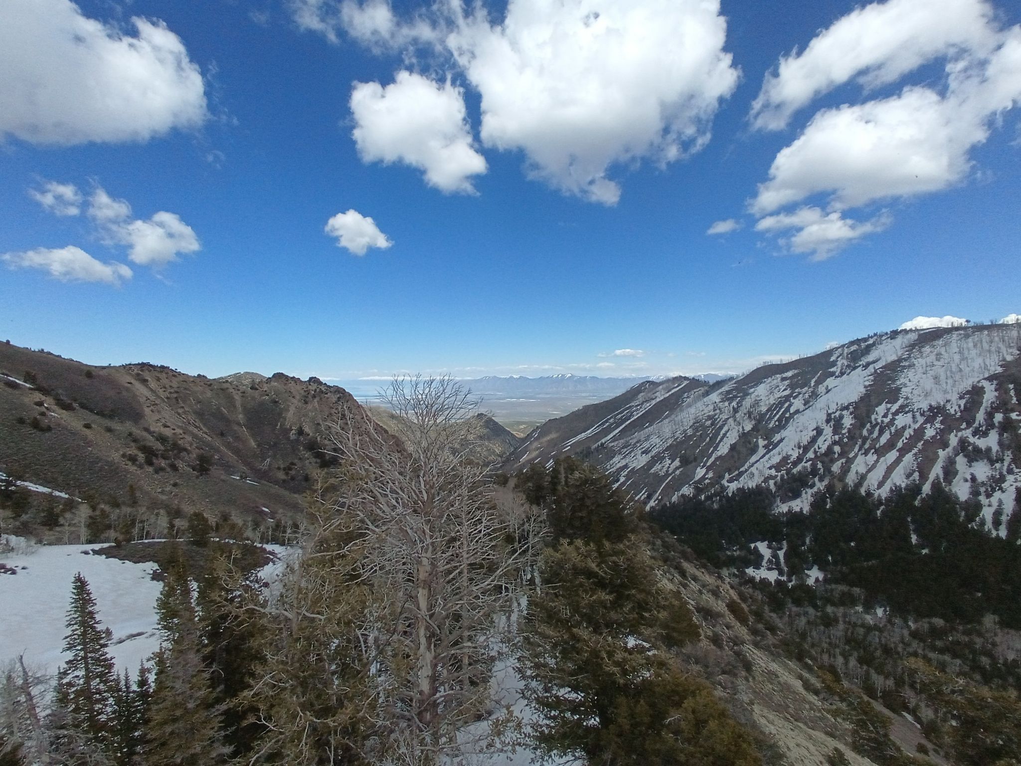 Expansive mountain landscape with snow-dusted slopes and valleys under a cloudy sky. - South Willow Lake via Stansbury Crest Trail