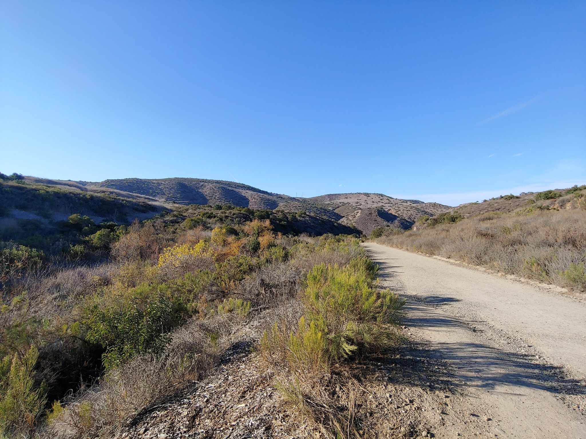 Dirt road through brush-covered hills under a bright blue sky. - San Diego River Crossing – Old Mission Dam loop from Navajo