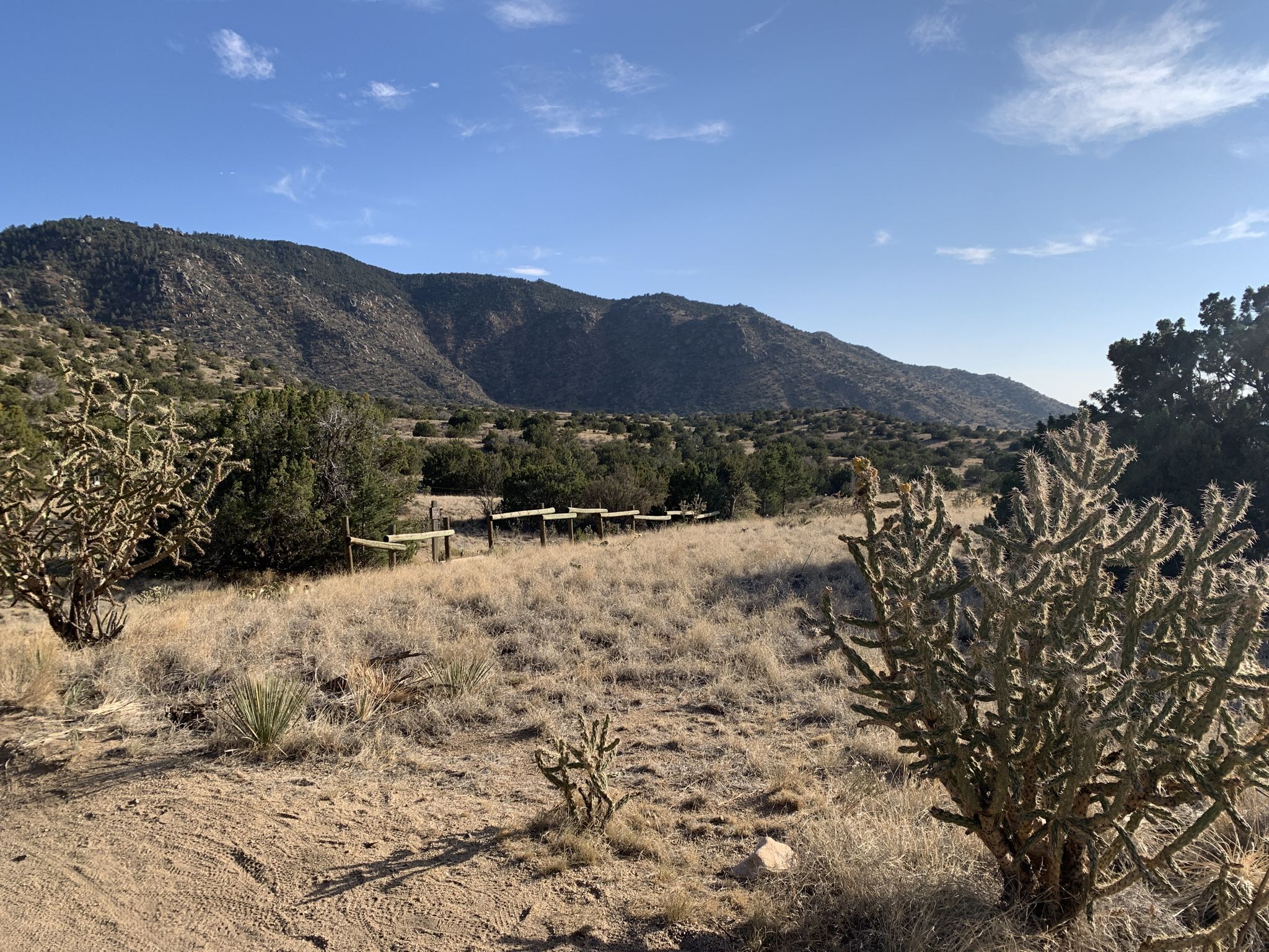 Desert landscape with dry grass, shrubs, a fence, and mountains under a clear sky. - Foothills Trail North – Intersection of Trails 365 and 366 loop from Eldorado High School