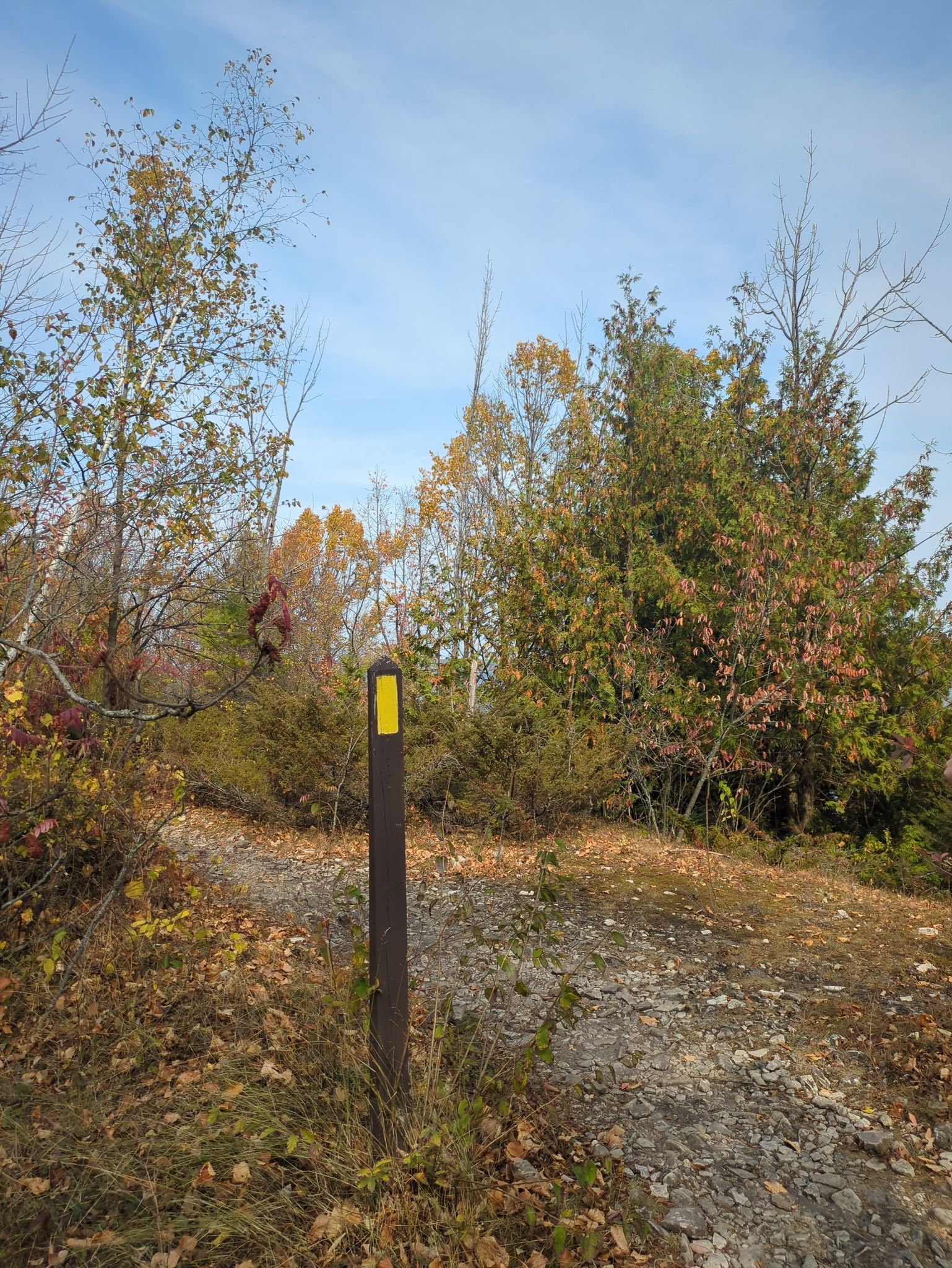 A yellow trail marker post on a gravel path amidst autumn foliage. - Potawatomi State Park loop from Potawatomi State Park