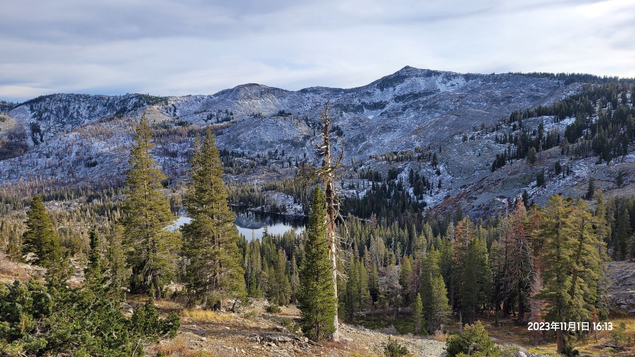 Forested mountains with patches of snow, overlooking a distant lake under a cloudy sky. - Lake Aloha via Pacific Crest Trail