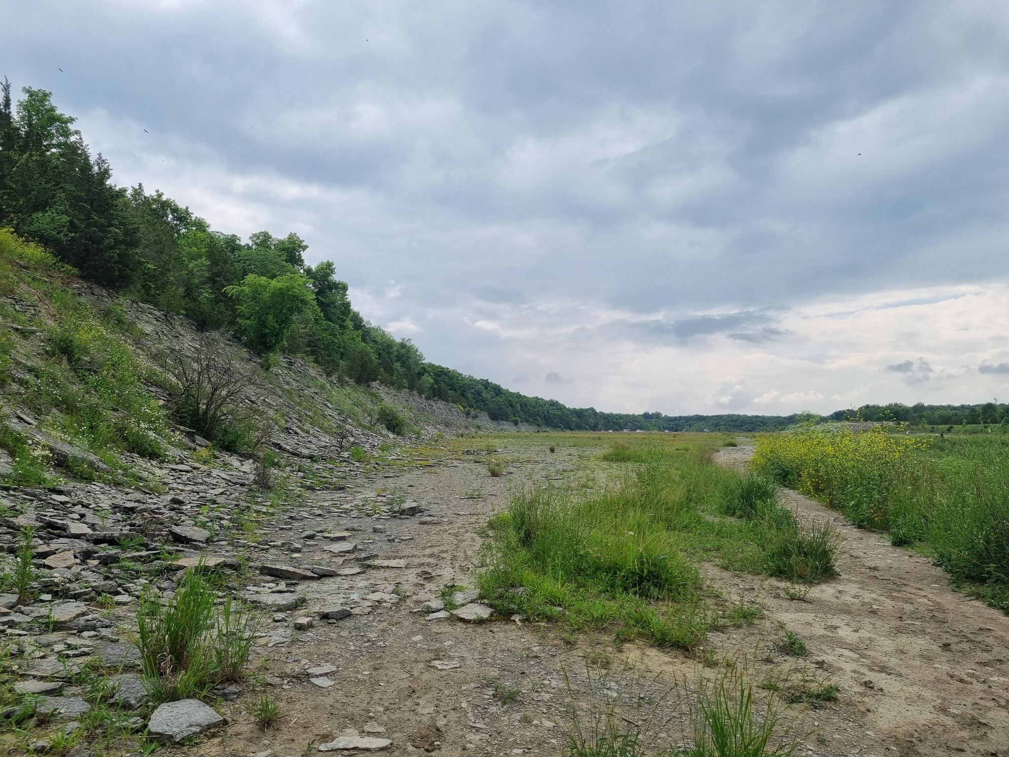 Rocky slope and grassy field under an overcast sky. - Perimeter Trail