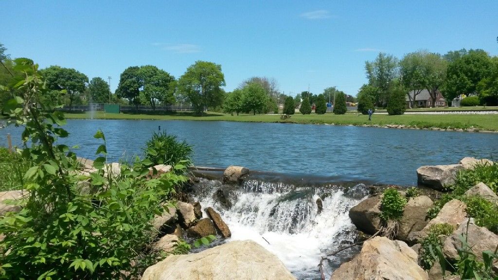 Sunny view of a small waterfall flowing into a calm lake. - Herbert L. Fisher Walking Track