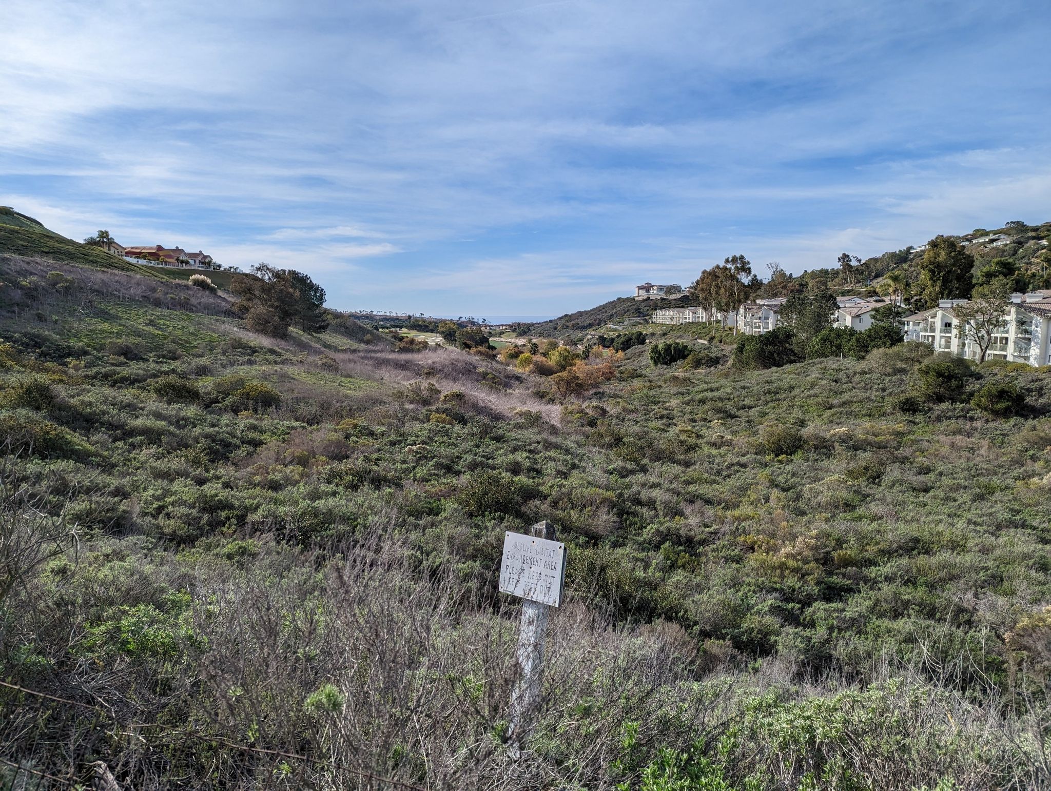 Sunny, brush-covered hills with distant buildings and a sign under a blue sky. - Salt Creek Trail