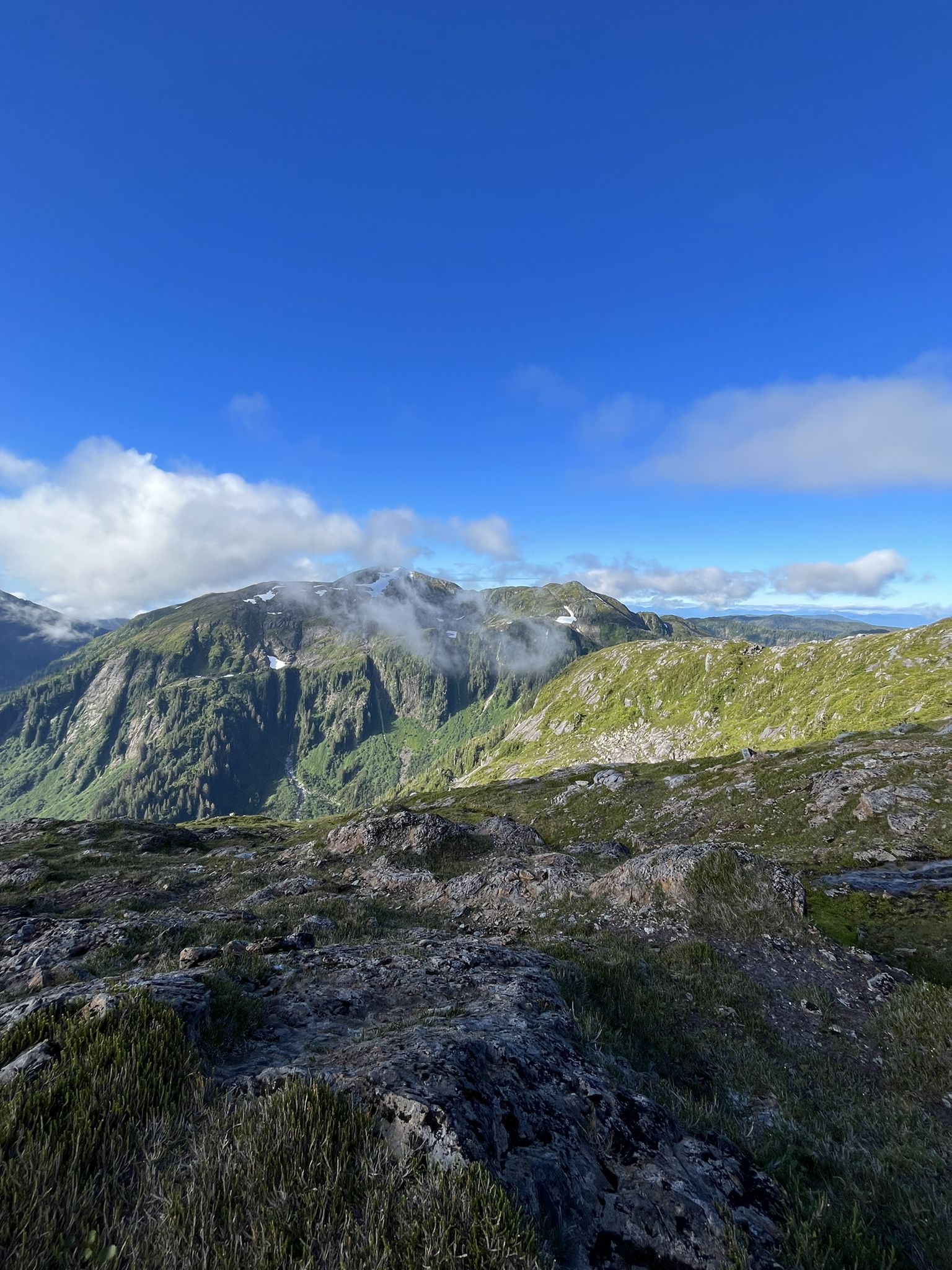Sunny mountain landscape with rocky foreground, green peaks, and white clouds. - Silvis Lakes and Mahoney Mountain