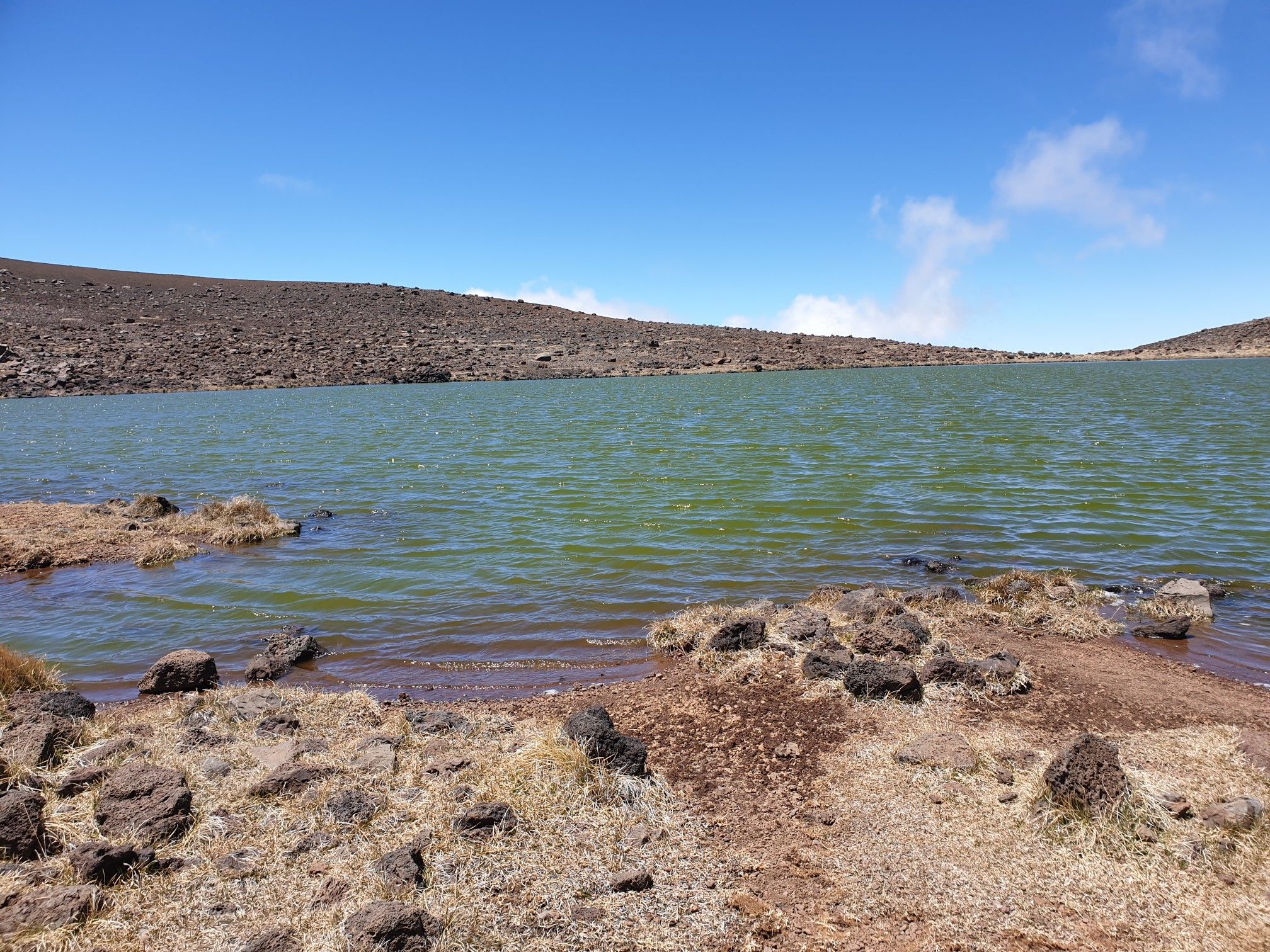 Green lake with rocky shore, brown hills, and blue sky with clouds. - Lake Waiʻau loop from Mauna Kea Observatories