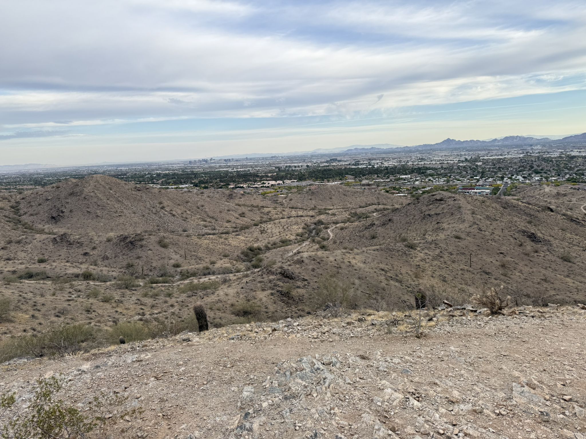 Arid desert hills overlook a distant city under an overcast sky. - Javelina Canyon and Ridgeline Loop Trail