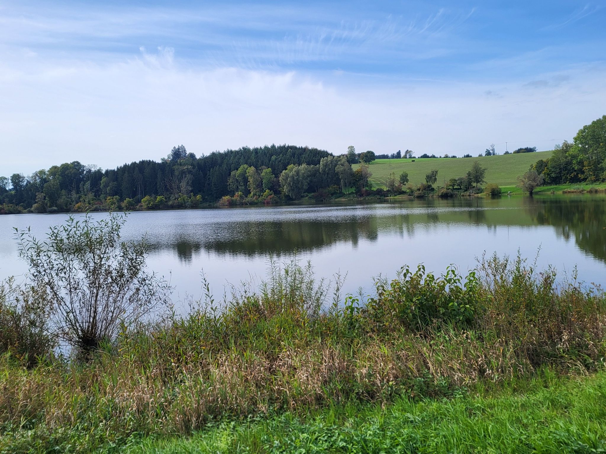 Blick übers Rückhaltebecken mit leichtem blauen Himmel