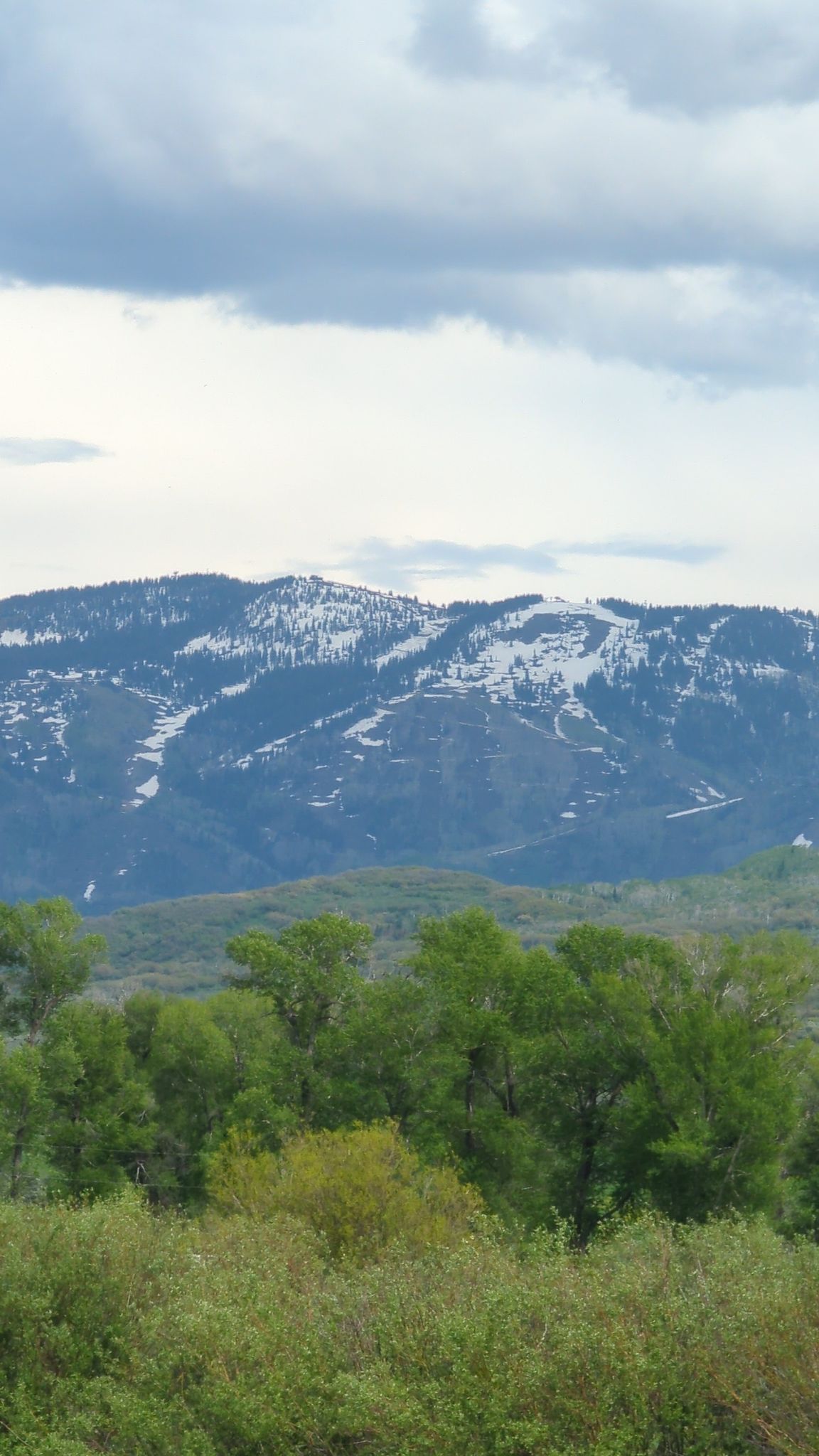 Snow-capped mountains rise above a lush green valley under a cloudy sky. - Milner loop