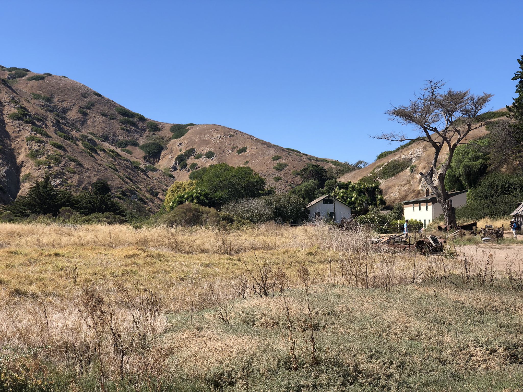 White houses nestled in a valley with dry grass and sunny hills. - Scorpion Canyon Loop Trail