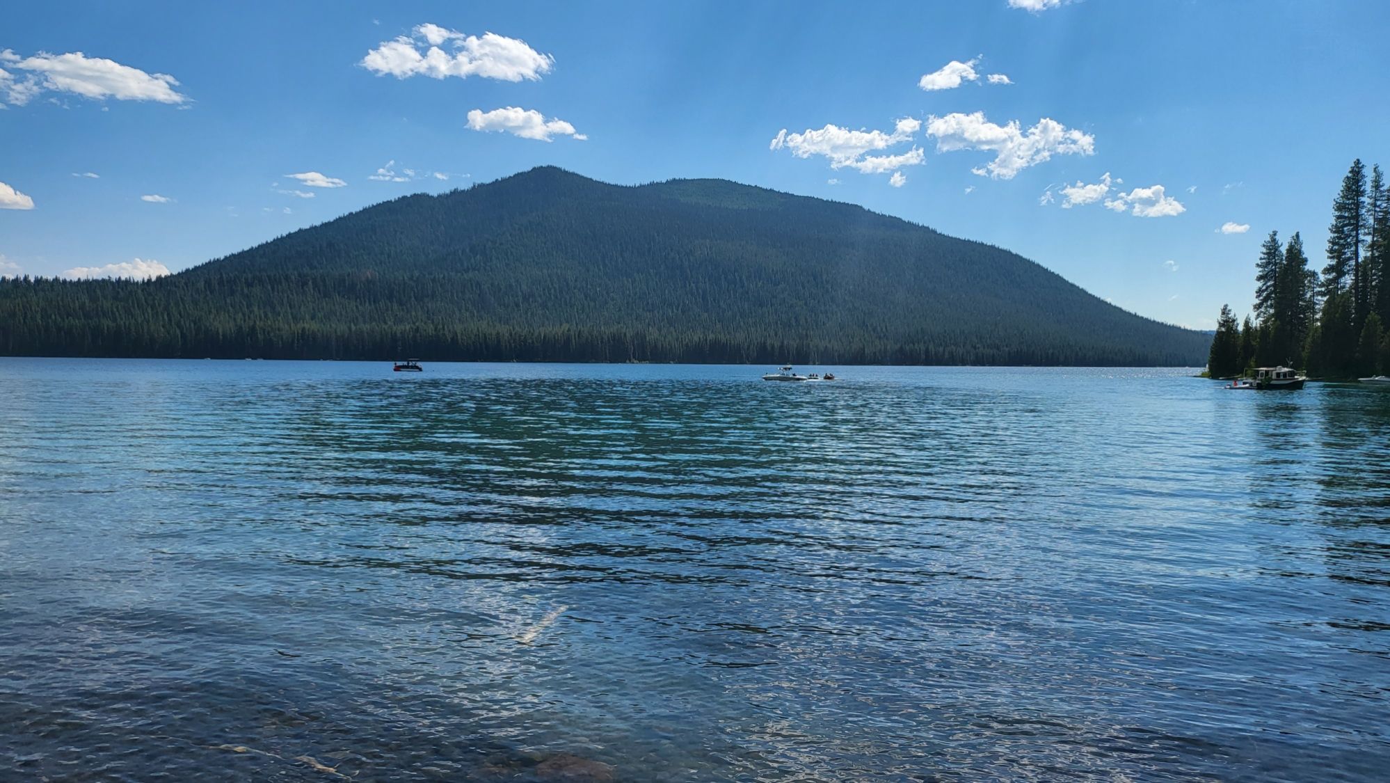 A clear blue lake with a forested mountain under a bright sky. - Cultus Lake loop