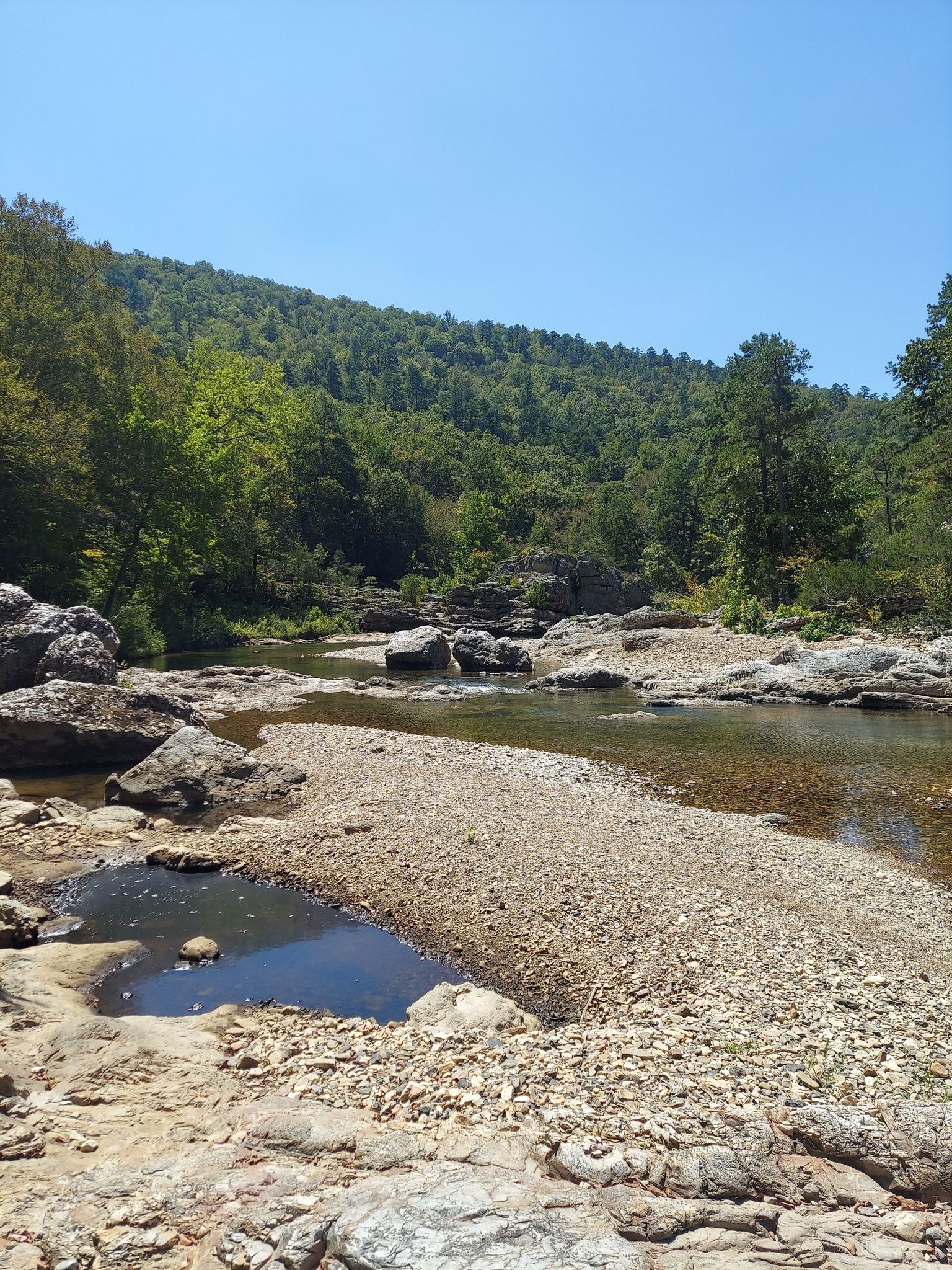 Rocky river with gravel bar, forested hills under clear blue sky. - Eagle Rock Loop