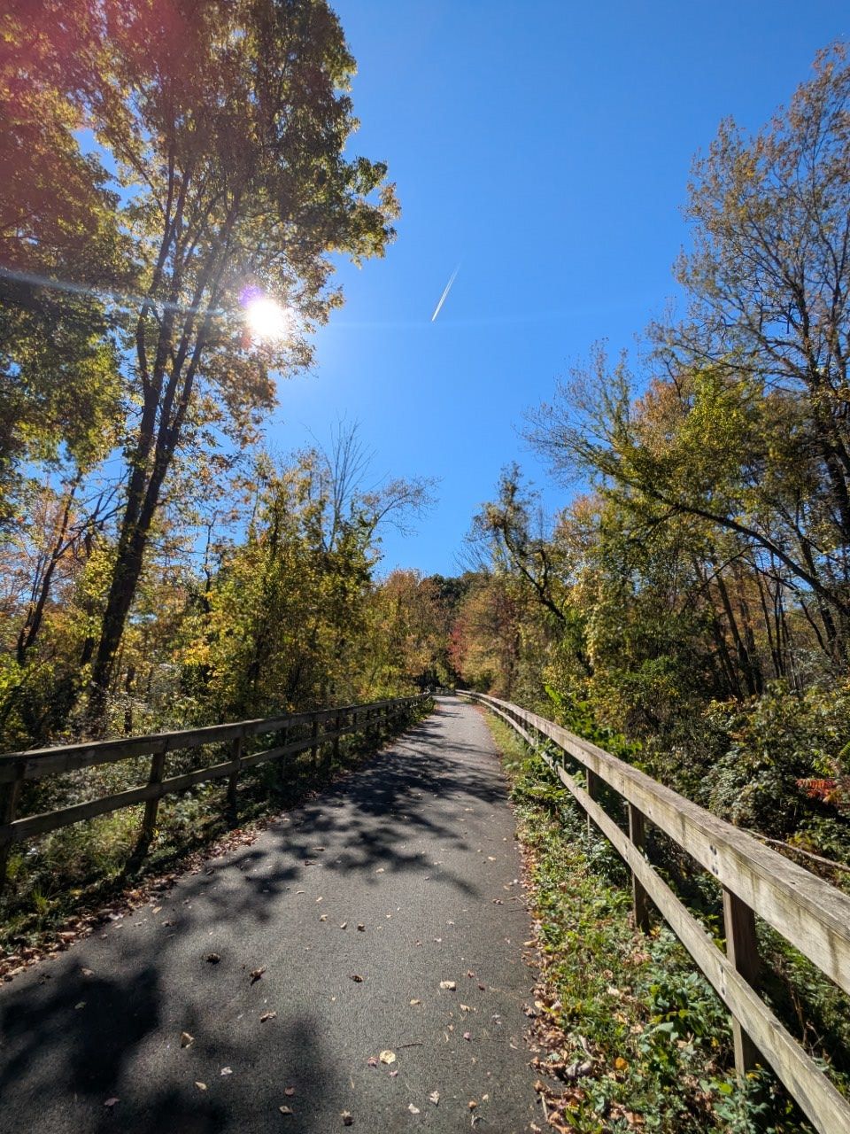 Paved path with wooden fences, autumn trees, and bright sun in blue sky. - Main Street loop from Northampton
