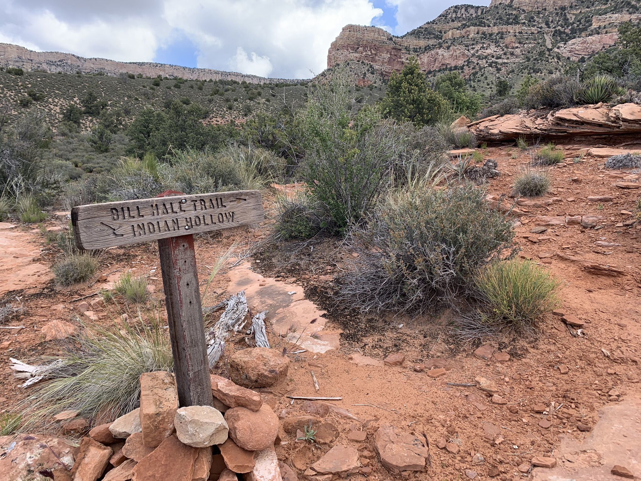 A wooden trail sign on a rocky path with arid vegetation and mountains. - Thunder River Trail