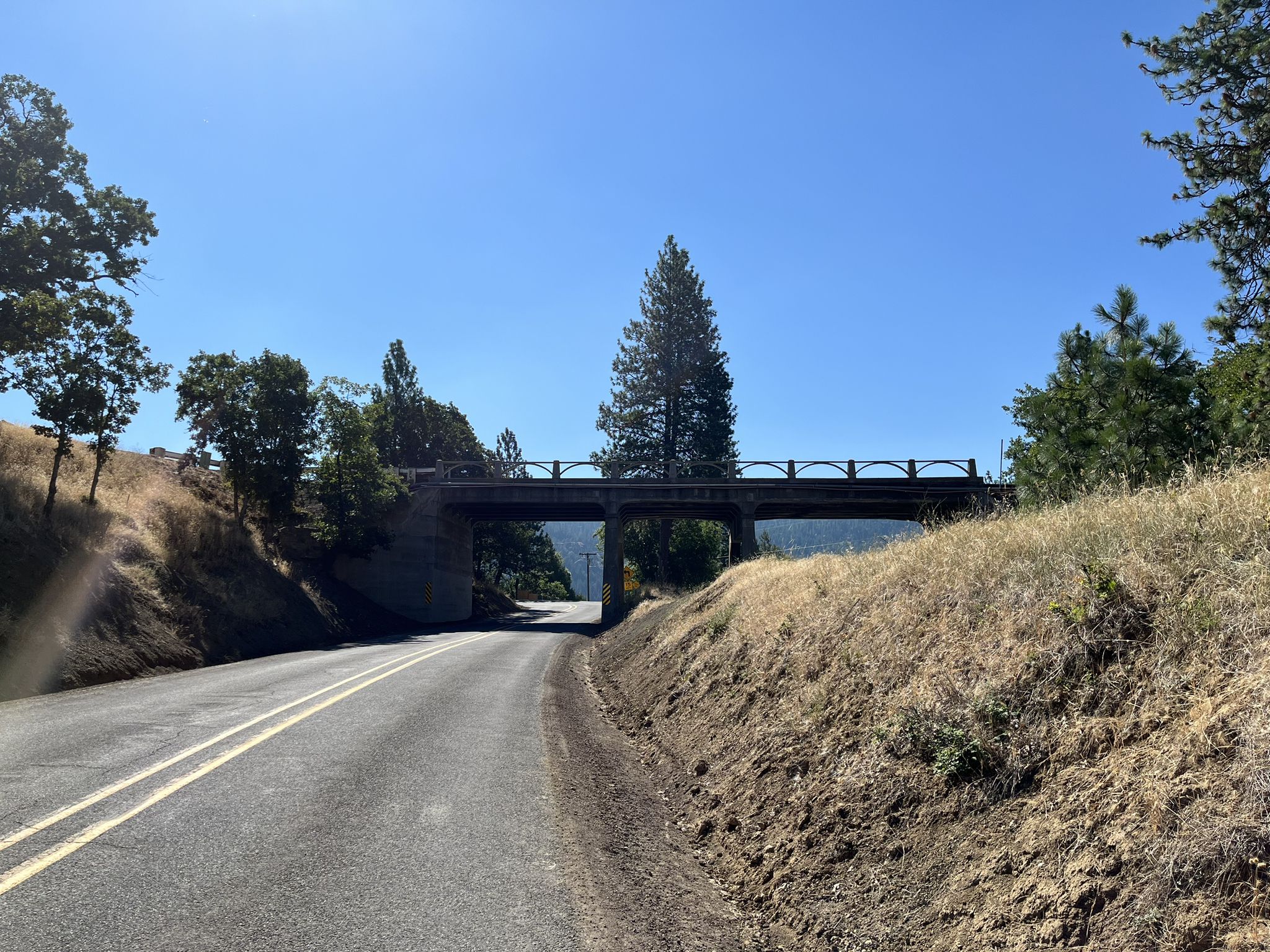 A sunny road curves under a concrete bridge with dry hillsides and trees. - Bear Creek Greenway – Oregon Shakespeare Festival loop from Rogue Valley Mall