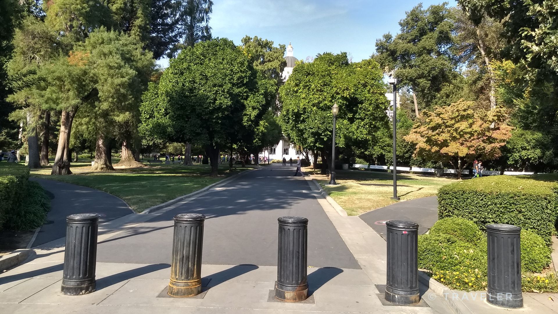 Paved path through a sunny park with tall trees and bollards. - California International Marathon Route