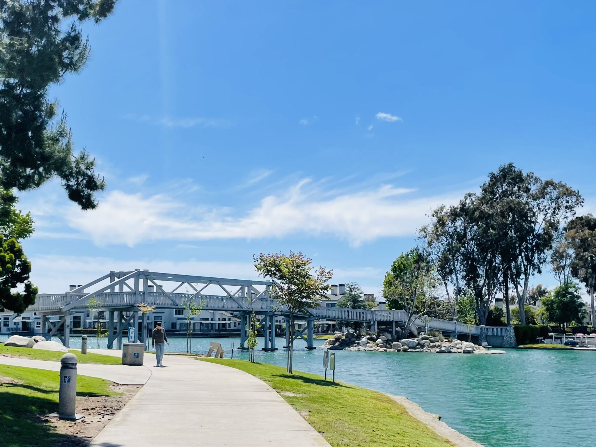 Person walks on a sunny path beside a lake with a bridge. - Woodbridge Community Park to South Lake Park