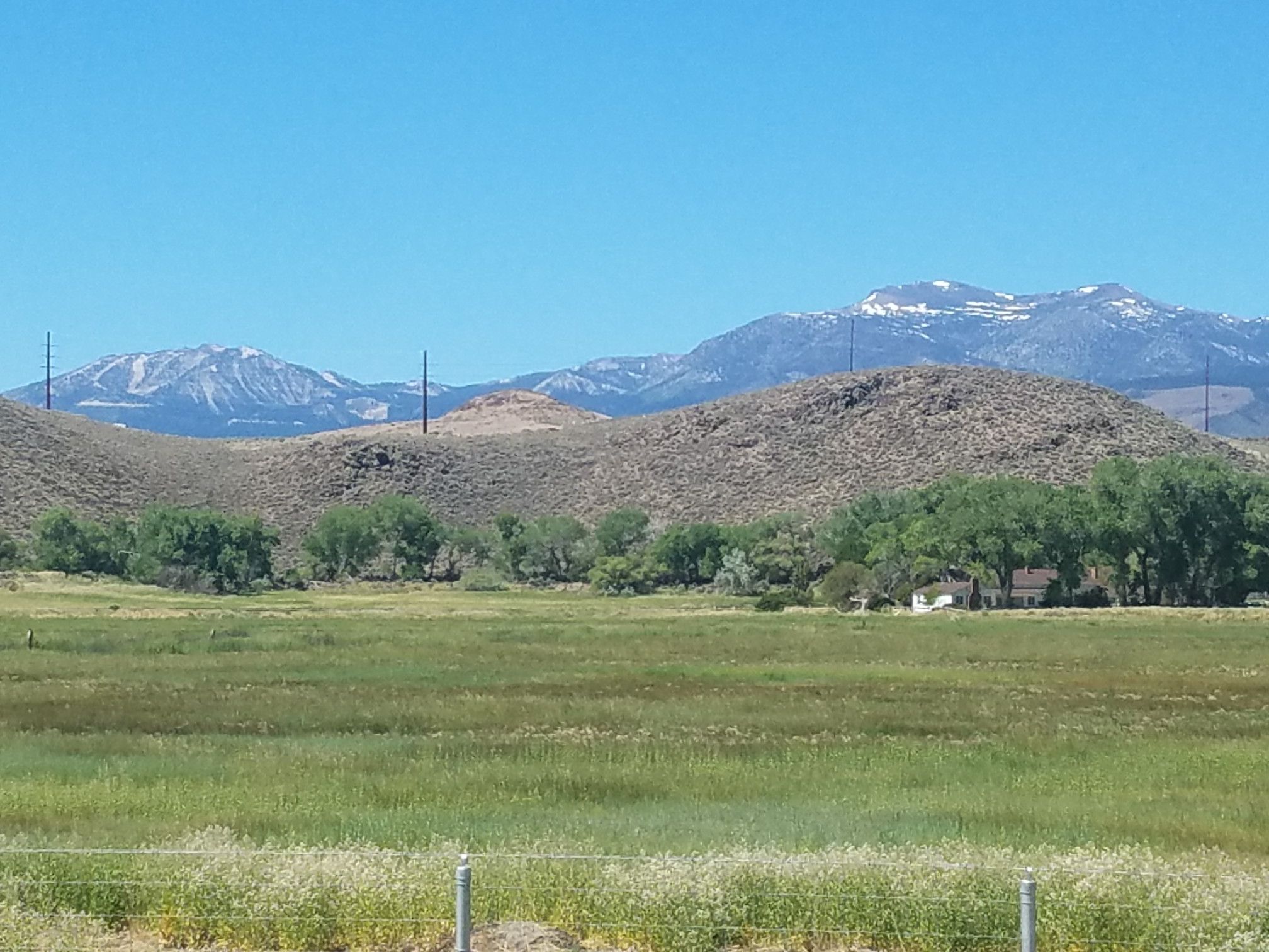 A wide green field stretches towards hills and snow-capped mountains. - Erica Greif Memorial Bikeway