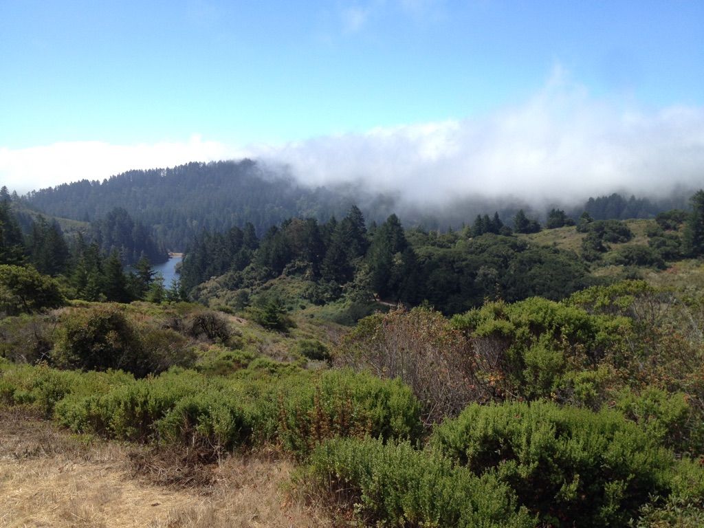 Rolling forested hills with a lake and low clouds under a bright sky. - Fifield Cahill Ridge Trail loop from Receiving station