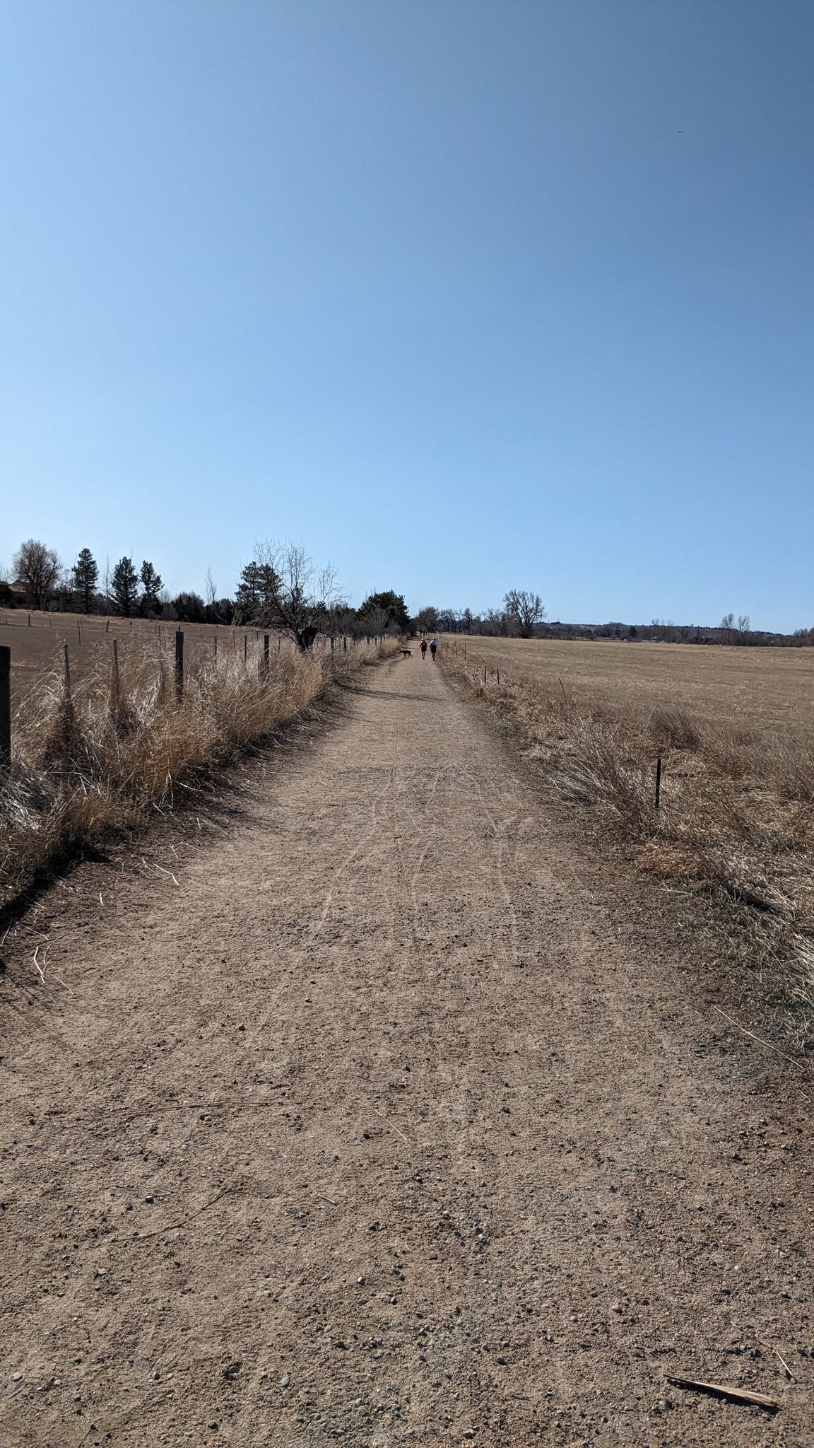 Long dirt path through dry fields under a clear blue sky, distant walkers. - Foothills Views loop from Louisville