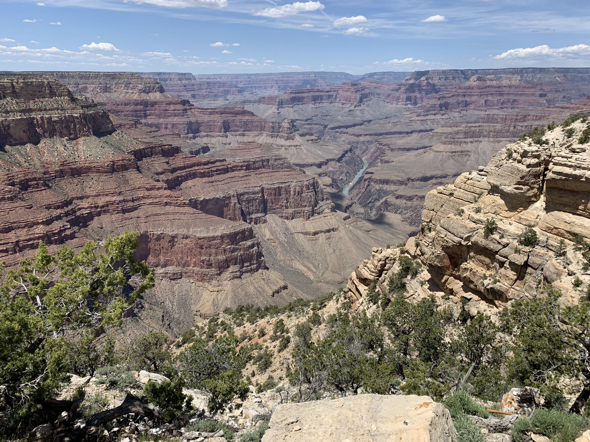 Deep canyon with a winding river below, under a bright blue sky. - Pima Point – West Rim Trail loop from Hermits Rest