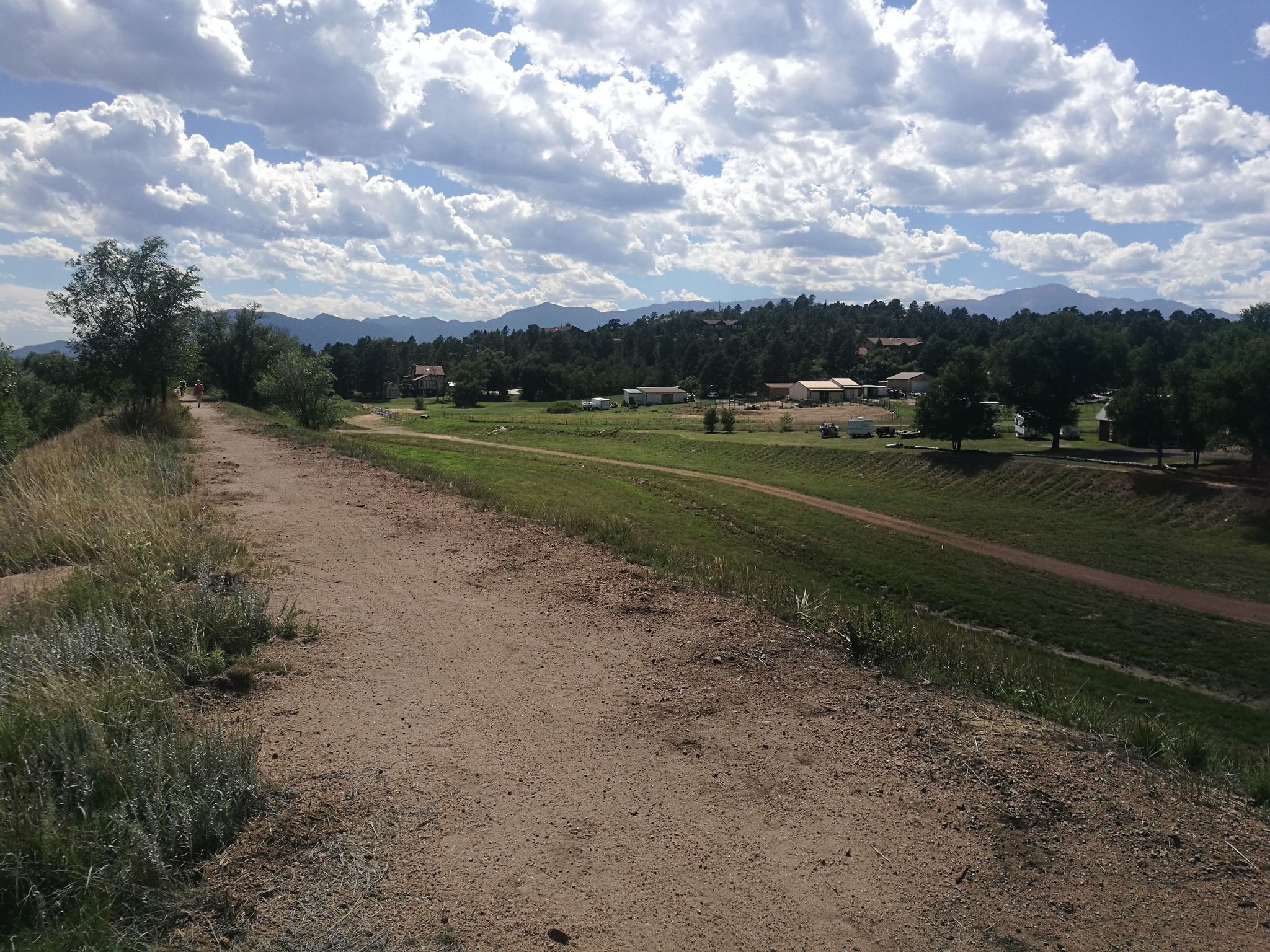 Dirt path beside a grassy field with distant mountains under a cloudy sky. - Pikes Peak Greenway – Cottonwood Creek Trail loop from Switchbacks Training Stadium
