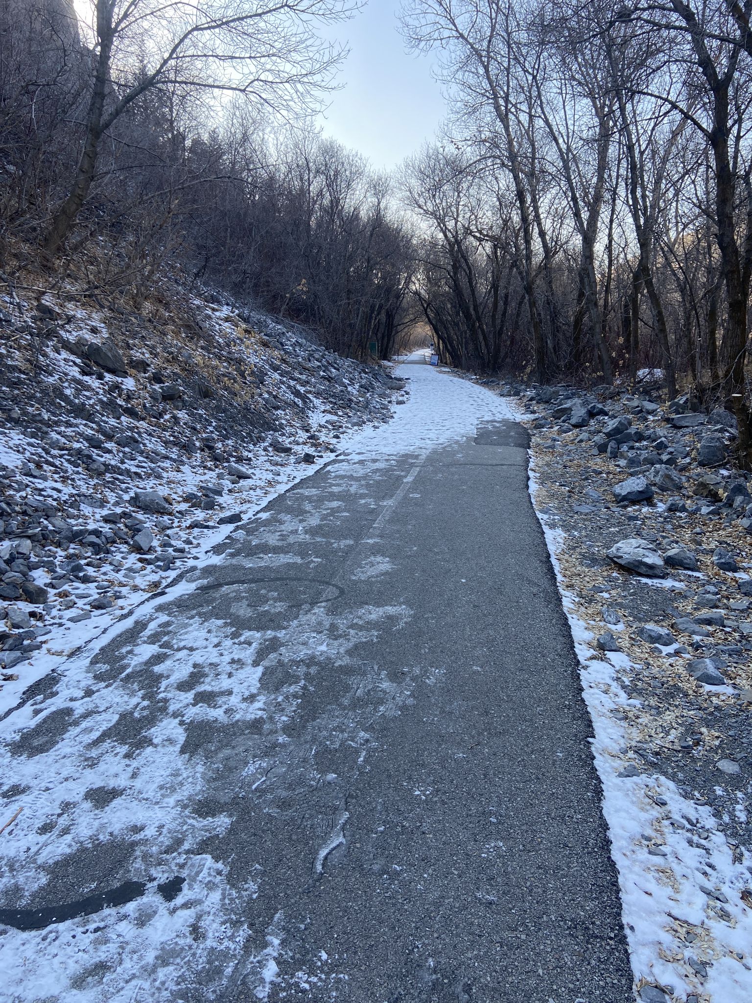 Snow-dusted paved path through bare trees and a rocky winter hillside. - Provo River Parkway – Bridal Veil Falls loop from Cascade Professional Plaza