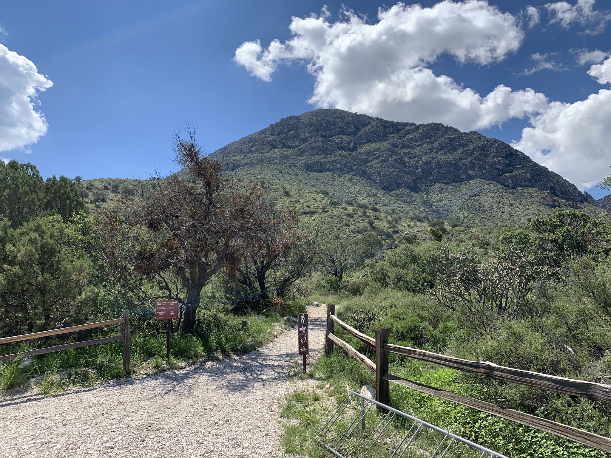 A wooden fence and gate lead to a dirt path towards a green mountain. - Hunter Peak and The Bowl Loop