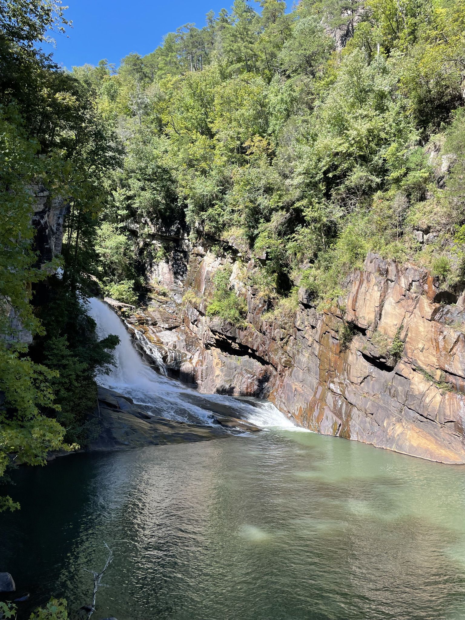 Waterfall plunging into a green pool, surrounded by rocky cliffs and trees. - Hurricane Falls loop via North & South Rim Trails
