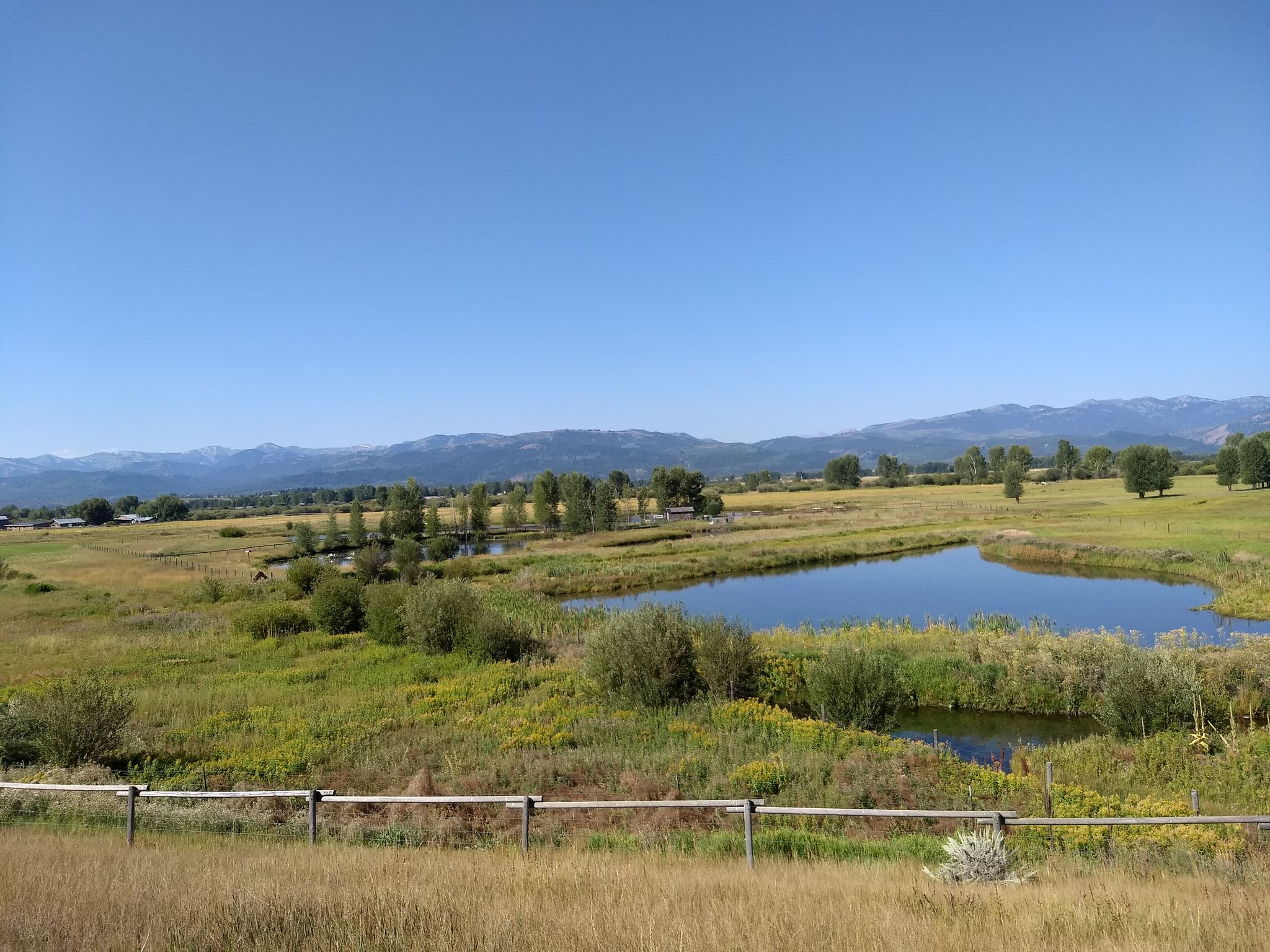 A bright, clear day over a pond in a grassy field with distant mountains. - South Park and Paul Merritt Pathway Loop