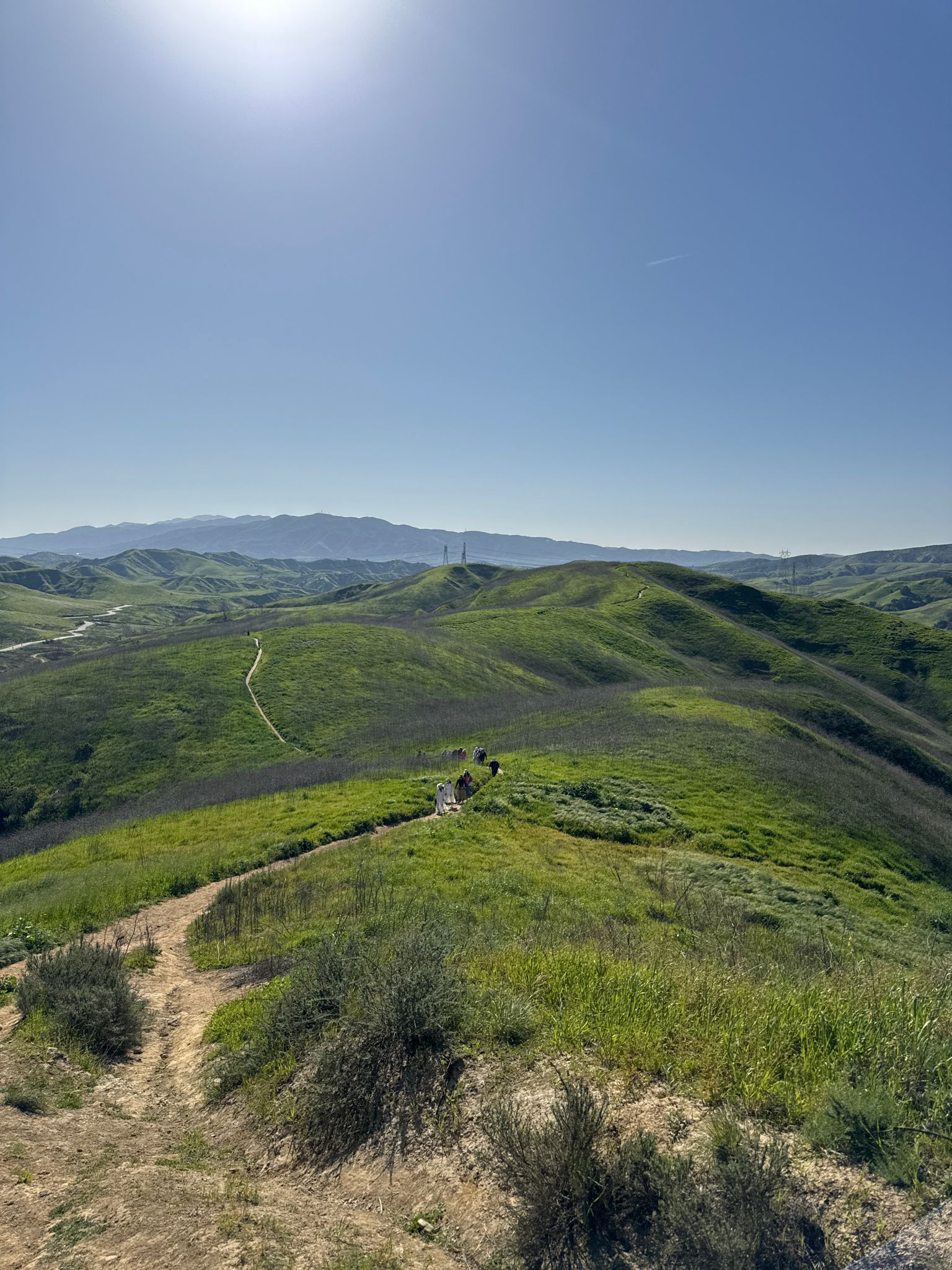 Sunny view of a winding dirt trail across green hills and distant mountains. - Bane Canyon Short Loop Trail