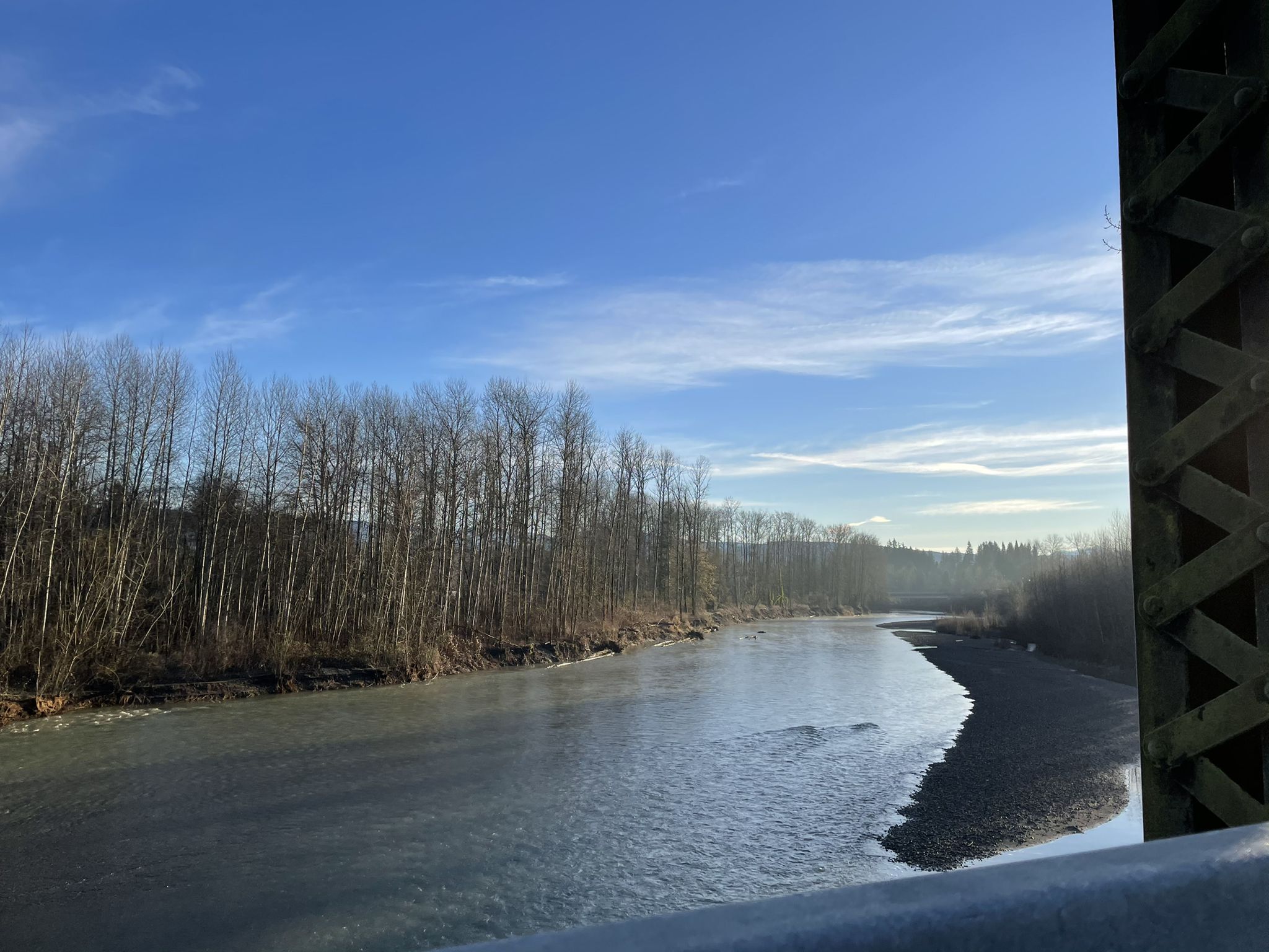River flowing past bare trees under a bright blue winter sky. - Centennial Trail loop from Bryant