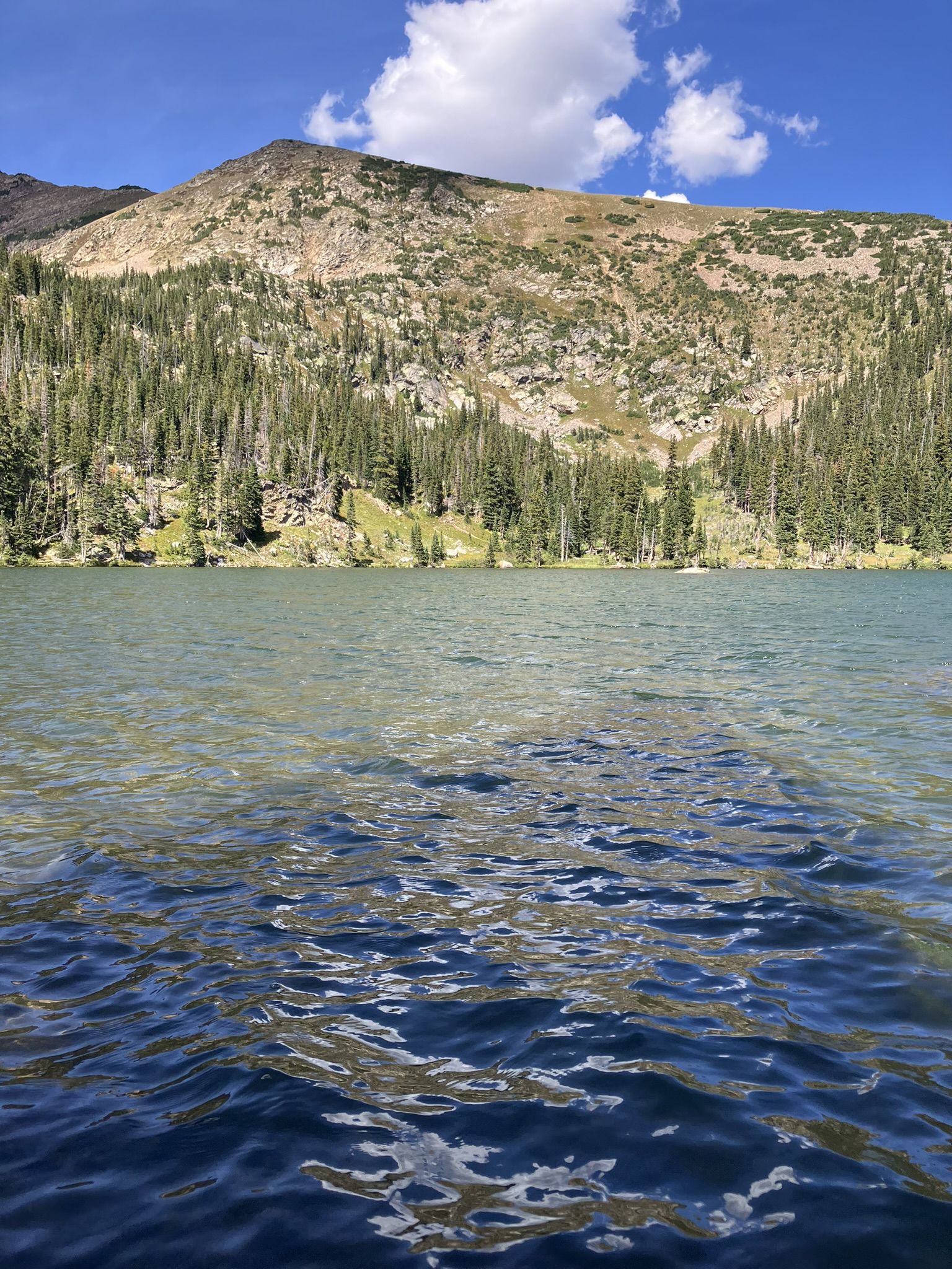 Rippling lake water with a large, forested mountain under a blue sky and clouds. - Forest Lakes Trail