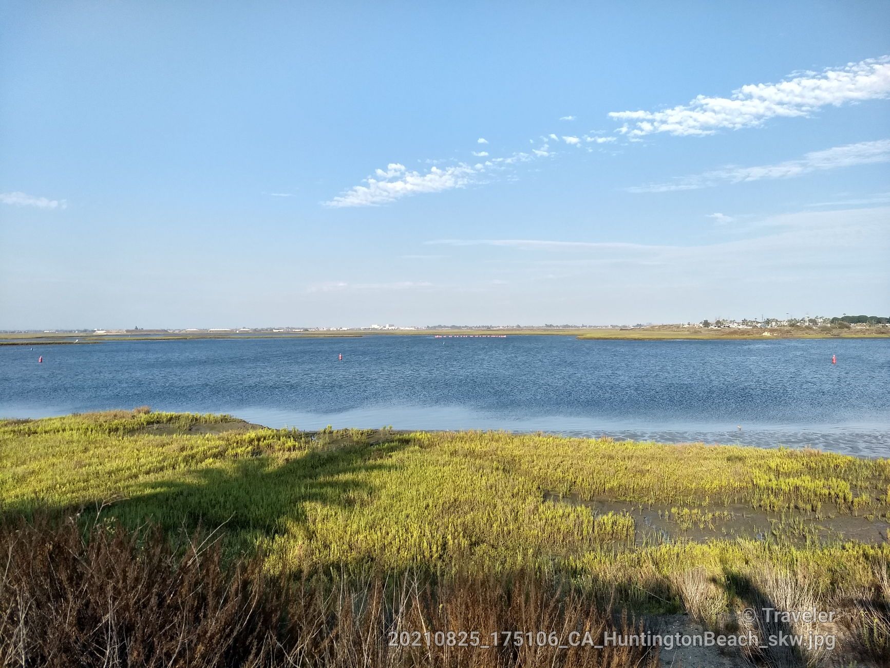 Expansive blue water next to green marshland under a bright, partly cloudy sky. - Huntington Beach to Rancho Palos Verdes via Pacific Coast Highway